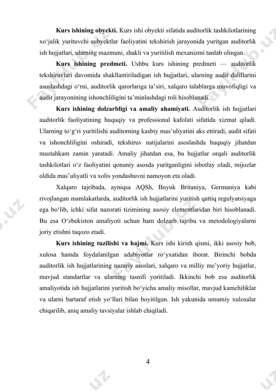 mi. kurs ishi kirish qismi, ikki asosiy bob, xulosa hamda foydalanilgan adabiyotlar ro‘yxatidan iborat. birinchi bobda auditorlik ish hujjatlarining nazariy asoslari, xalqaro va milliy me’yoriy hujjatlar, mavjud standartlar va ularning tasnifi yoritiladi. ikkinchi bob esa auditorlik amaliyotida ish hujjatlarini yuritish bo‘yicha amaliy misollar, mavjud kamchiliklar va ularni bartaraf etish yo‘llari bilan boyitilgan. ish yakunida umumiy xulosalar chiqarilib, aniq amaliy tavsiyalar ishlab chiqiladi. i-bob: auditorlik tashkilotining ish hujjatlari tushunchasi va ularning ahamiyati 1.1. auditorlik hujjatlari tushunchasi va ularning ahamiyati auditorning ish hujjatlari- bu auditor tomonidan va auditor uchun tayyorlangan yoki auditor tomonidan olib borilgan ishlar munosabati bilan olingan va saqlanadigan materiallar. ish qog‘ozlari quyidagi hollarda qo‘llaniladi: · rejalashtirish paytida; · joriy nazoratni amalga oshirish va auditor tomonidan bajarilgan ishlarni tekshirish; · auditorlik fikrini tasdiqlash maqsadida olingan auditorlik dalillarini qayd etish. auditor o‘zining professional fikriga asoslanib, har bir aniq audit uchun ishchi hujjatlar hajmini belgilashga haqli. shuni yodda tutish kerakki, ishchi hujjatlarning …