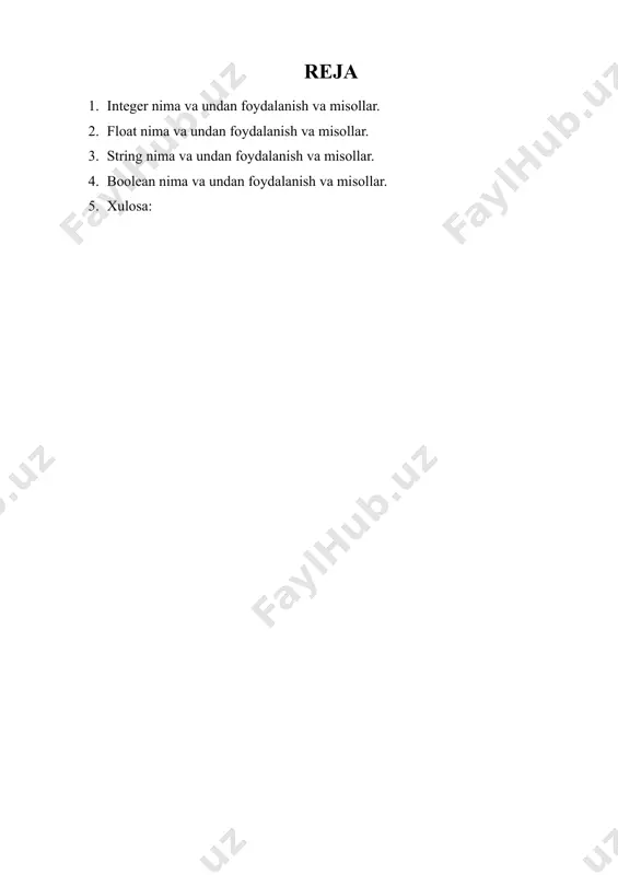 umkin. quyida float bilan ishlash bo'yicha bir nechta misollar keltirilgan: misollar: # float qo'shish a = 5.75 b = -3.25 c = a + b print(c) # natija: 2.5. # float ayirish x = 10.5 y = 7.2 z = x - y print(z) # natija: 3.3. # float ko'paytirish p = -4.5 q = 3.0 r = p * q print(r) # natija: -13.5. # float bo'lish m = 12.0 n = 5.0 result = m / n # natija float bo'ladi print(result) # natija: 2.4. # float bilan manfiy sonlarni qo'shish negative_float = -10.75 positive_float = 20.5 sum_result = negative_float + positive_float print(sum_result) # natija: 9.75. string 3. stringlar ustida turli xil amallar bajarish mumkin: uzunligini o'lchash, kesib olish, bo'sh joylarni olib tashlash, boshqa string bilan birlashtirish va hokazo. shuningdek, stringlar ichidagi belgilar indeks yordamida adreslanishi mumkin, ya'ni har bir belgi o'z pozitsiyasi bilan aniqlanadi. ko'pgina dasturlash tillarida …
