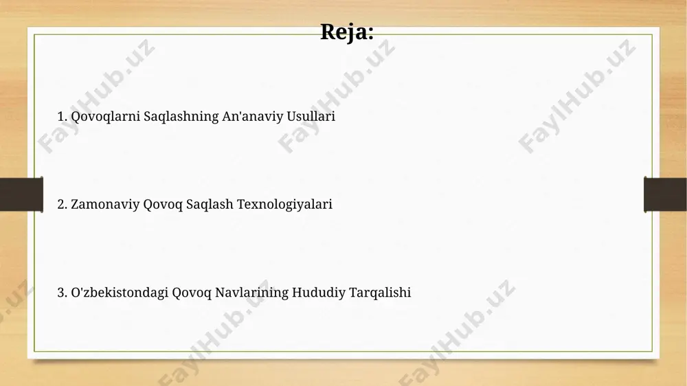 zining katta o'lchamlari va quruq moddalar miqdorining yuqori bo'lishi bilan ajralib turadi, bu esa uni qayta ishlash uchun ideal qiladi. qovoqni saqlashning zamonaviy usullari qovoqlarni parafinlash yoki maxsus qoplamalar bilan qoplash namlik yo'qotilishini 15-20% ga kamaytirib, saqlash muddatini uzaytiradi. qovoqni 1-2°c harorat va 85-90% nisbiy namlikdagi maxsus sovuq omborxonalarda saqlash muddatini 6 oygacha uzaytiradi. zamonaviy qovoq navlari va ularning afzalliklari zamonaviy qovoq navlari, masalan, "f1 gibridlari", 90 kungacha pishib yetishi bilan ajralib turadi va hosildorligi an'anaviy navlarga nisbatan 20-30% yuqori. "gigant" tipidagi yangi qovoq navlari o'rtacha 10-15 kg og'irlikka ega bo'lib, uzun muddatli saqlash uchun juda mos keladi va yuqori miqdorda beta-karotinni o'z ichiga oladi. qovoq yetishtirish va saqlashda innovatsiyalar qovoqni maxsus qoplamalar bilan qoplash orqali namlik yo'qotilishini 10% ga kamaytirish va sifati yaxshilanishi mumkin. uzbekistan sharoitida saqlash muddatini 6 oygacha uzaytiradigan past haroratli (2-4°c) omborxonalar qurish va ulardan foydalanish qovoqni yo'qotishni kamaytiradi. qovoqni kasallik va zararkunandalardan himoya qilish zararkunandalar, …