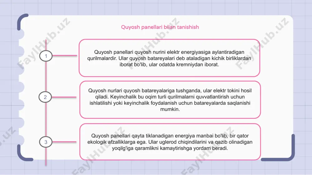 polikristalli va yupqa plyonkali panellarni o'z ichiga olgan har xil turdagi bo'ladi. har bir turning o'ziga xos afzalliklari va kamchiliklari bor. monokristalli panellar yuqori samaradorligi va zamonaviy ko'rinishi bilan mashhur. ular bitta kristalli strukturadan tayyorlangan bo'lib, ular quyosh nurini elektr energiyasiga yanada samarali aylantirish imkonini beradi. polikristal panellar esa bir nechta kristall tuzilmalardan iborat. ular monokristalli panellarga qaraganda arzonroq, ammo samaradorligi biroz pastroq. quyosh panellarini o'rnatish va texnik xizmat ko'rsatish quyosh panellari quyosh nurini elektr energiyasiga aylantiradigan qurilmalardir. ular maksimal quyosh nurini olishlari mumkin bo'lgan uyingizda yoki ochiq joylarda o'rnatiladi. quyosh panellarini o'rnatish ularni optimal burchak ostida joylashtirish va ularni binoning elektr tizimiga ulashni o'z ichiga oladi. quyosh panellariga texnik xizmat ko'rsatish axloqsizlik va qoldiqlarni olib tashlash uchun panellarni muntazam tozalashni, har qanday shikastlanish yoki nosozlikni tekshirishni va elektr aloqalarining to'g'ri ishlashini ta'minlashni o'z ichiga oladi. quyosh panellarining kelajagi quyosh panellari tezda qayta tiklanadigan energiya uchun quyosh energiyasidan foydalanishning eng …