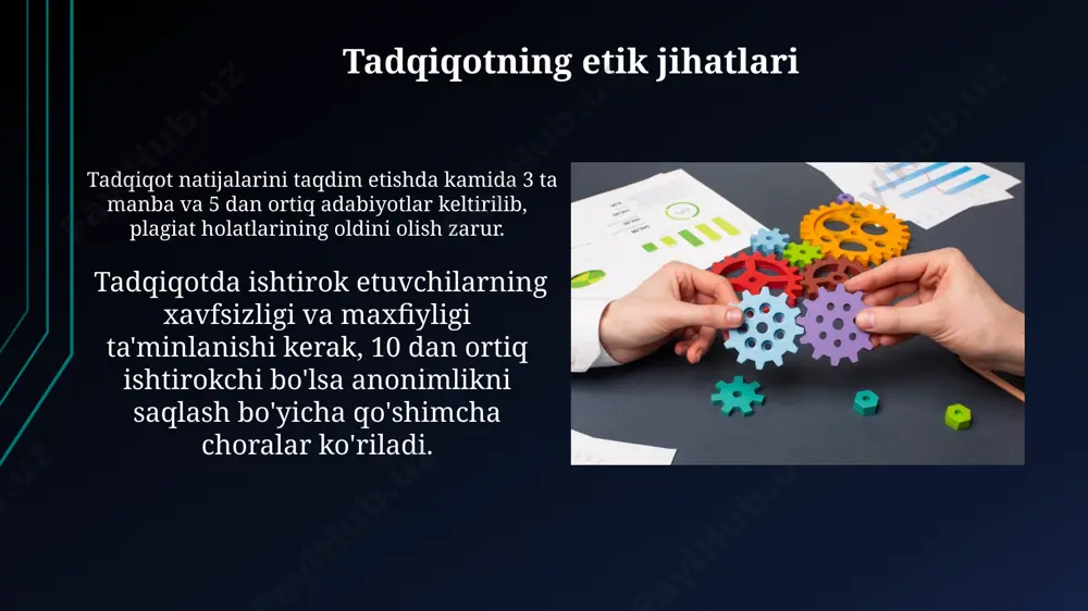 qotning ishonchliligini 20-30% ga oshirishi mumkin. ma'lumotlarni yig'ish va tahlil qilish katta hajmdagi ma'lumotlar to'plamini (big data) tahlil qilishda mashinaviy o'rganish algoritmlari, masalan, k-means clustering, foydalanish maqsadga muvofiqdir. kvalitativ ma'lumotlarni tahlil qilishda 5 dan ortiq kodlash kategorisasi samaradorlikni pasaytirishi mumkin, shuning uchun soddalashtirilgan tizimni qo'llash kerak. e'tiboringiz uchun rahmat @taqdimot_robot image1.jpg image2.jpg image3.jpg image4.jpg image5.jpg image6.jpg image7.jpg image8.jpg image9.jpg image10.jpg image11.jpg