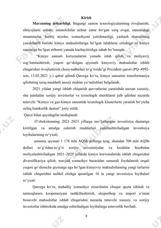 or yo‘nalishlarini belgilab olish. kurs ishining obyekti. ishning obyekti o‘zbekistonda kimyo mahsulotlari resurs bazasi va kimyo sanoati salohiyati tadqiqot obekti sifatida olindi. kurs ishining predmeti. ishning predmeti o‘zbekistonda kimyo sanoati rivojlanish xususiyatlari, shart sharoit va yo‘nalishlar tadqiqot predmeti sifatida olindi. kurs ishning tadqiqot uslubi va uslubiyoti: ilmiy ommabop manbalardan to‘plangan ma’lumotlar tahlil qilib,xulosa va takliflar qilish. kurs ishi tuzilishi: bajarilgan kurs ishi kirish qismi, ikkita bob va qilingan xulosalardan iborat. ishda o‘rganilishi e’tiborga olingan ma’lumotlar tushunarli ravishda ifodalash uchun chizma jadvallar va rasmlar berildi.ishga qo‘yilgan maqsadga erishishi uchun to‘plangan adabiyotlar manbalarning nomlari va elektron manzillari keltirildi. i bob. o‘zbekistonda kimyo sanoati tarmoq tarkibi 1.1.o‘zbеkistonda kimyo sanoati va kimyo mahsulotlari resurs bazasi kimyo sanoati og‘ir sanoatning asosiy tarmog‘i bo‘lib, xalq xo‘jaligida ahamiyati kattadir. o‘zbеkiston kimyo sanoati ancha yaxshi taraqqiy etgan bo‘lib, hozirgi zamonga mos kimyo mahsulotlarini ishlab chiqariladi, plastmassalar, sun'iy tola va sintеtik kauchuk, lak-bo‘yoqlar, kislota va ishqorlar, dori-darmonlar, shuningdеk ko‘plab …