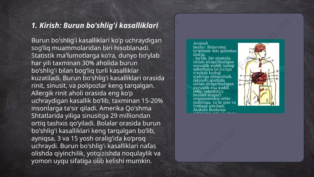 on odatda mikrob yoki virus infeksiyalari, shikastlanish yoki autoimmun reaksiyalar tufayli boshlanadi. natijada, yallig'lanish mediatorlari, masalan, sitokinlar va prostaglandinlar ishlab chiqariladi. bu moddalar qon oqimini oshirib, bez to'qimasida shishish, qizarish va og'riqqa olib keladi. yallig'lanish jarayoni hujayra infiltratsiyasi va fibroblastlarning faollashuvi bilan davom etadi, bu esa to'qimalarning yangilanmasini yoki zararlangan joylarning karnifikatsiyasini keltirib chiqaradi. patogen jarayonni tushunish yallig'lanishning qaytarilishi va davolash strategiyalarini ishlab chiqishda muhim ahamiyatga ega. muratk bezlarining yallig'lanishi,etialogiyasi, patogenezi, differensial diagnostika va davolash abduqaxxorov muhammadqodir e'tiboringiz uchun raxmat! image1.png image2.png image3.png image4.png image5.png image6.jpg /docprops/thumbnail.jpeg