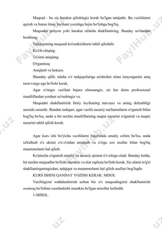 illarning ta'sirini hisobga olish". ilmiy loyihani yozishda maqsadning ahamiyati kursning asosiy maqsadi, mavhum, dissertatsiyalar, loyihalar talabalarning mustaqil o'rganish ko'nikmalariga va ilmiy va statistika hisobotida tahlil qilingan materiallar bilan, shuningdek, o'z ishini taqdim etish qobiliyatiga ega bo'lishdir. hamkasblarning tomoshabinlariga. biz ravshanlik uchun yana bir nechta namunalarni beramiz. ilmiy izlanishlarning nazariy yo'nalishi bo'yicha ishning maqsadi: ilmiy va ommabop ilmiy adabiyotlar sharhi. munosib olimlar va mualliflarning turli pozitsiyasini o'rganish. tadqiqotda ushbu muammo bo'yicha olingan ma'lumotlarni batafsil ko'rib chiqish. agar ish juda amaliy ahamiyatga ega bo'lsa, unda maqsad quyidagicha ko'rib chiqiladi: amaliy tadqiqotlarni aniqlash. berilgan gipotezalarni isbotlash yoki rad etish. muayyan usullarda aniq vazifalarni qidiring. kurs ishining maqsadiga qanday yozish kerak, biz bilib oldik. endi biz boshqa muhim birlikni tahlil qilamiz. vazifalarni qanday shakllantirish mumkin ilmiy loyihaning vazifalari tarkibga asoslanadi. ular maqsadli nishonga erishishni soddalashtirish uchun kerak. shunday qilib, talaba tadqiqot davomida yopishishi kerak bo'lgan rejadir. ammo, agar siz o'zingizga qanday munosabatda bo'lishimizga shubha …