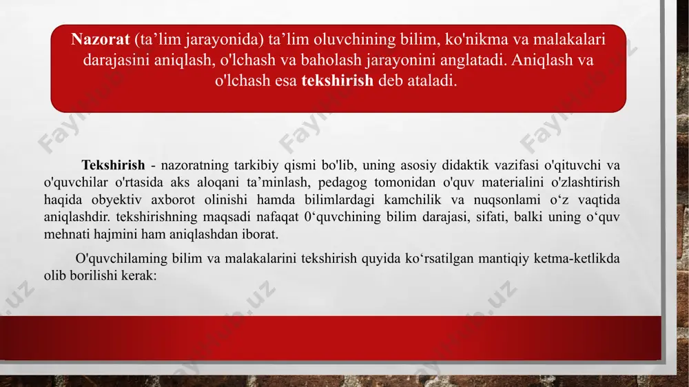 qat’iy nazar hamma vaqt mos kelishini anglatadi. tizimlilik (sistemalilik) tamoyilining talabi shundan iboratki, tashxislash nazoratini ta’lim jarayonining barcha bosqichlarida - bilimlarni boshlang‘ich idrok etishdan to amalda qo‘llashgacha bo'lgan bosqichlarida olib borish kerak. tizimlilik barcha ta’lim oluvchilar o‘quv muassasida bo‘lgan birinchi kundan boshlab oxirigacha muntazam tashxisga jalb etilishini anglatadi. ta’lim oluvchining bilimi va egallashi lozim bo‘lgan barcha jihatlami ishonchli tekshirish uchun ta’lim nazoratini tez-tez o'tkazish kerak. tizimlilik tamoyili tashxis o‘tkazishga bir butun yondashuvni talab etadiki, bunda nazorat, tekshirish, baholashning turli shakllari, metodlari, vositalari uzviy o‘zaro bog‘liqlikda va birlikda qo‘llaniladi, bir maqsadga xizmat qiladi. bu kabi yondashuv tashxisning ayrim metodlari va vositalarini mutloqlashtirishga yo‘l qo‘ymaydi. ko‘rgazmaliiik (oshkoralik) tamoyili awalo barcha ta’lim oluvchilarni aynan bir xil mezonlar bo‘yicha ochiq sinovdan o‘tkazishni anglatadi. tashxis jarayonida belgilanadigan har bir o‘quvchi reytingi ko‘rgazmali, qiyosiy xarakterga ega. oshkoralik tamoyili, shuningdek, baholami e’lon qilish va motivatsiyalashni talab etadi. baho mo‘ljal (orientir) bo‘lib, ta’lim oluvchilar unga muvofiq o'zlariga qo‘yiladigan …