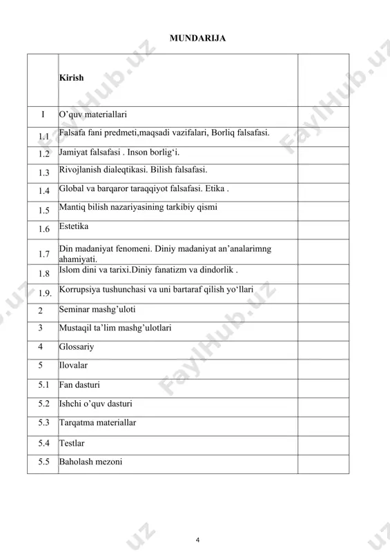 ologiya, metafizika, ong,tafakkur, ruh, materiya, tabiat, borliq, fan. makon, virtual borliq, ijtimoiy borliq, inson borlig‘i, borliq shakllari «borliq» kategoriyasi, «vujudi vojib», «vujudi mumkin», borliq va yo‘qlik, olam va odam evolyutsiyasi, olamning paydo bo‘lishi, substansiya, intellektual intuitsiya, deduksiya, monizm, plyuralizm, dualizm, olamning chekliligi va cheksizligi, harakat, rivojlanish, o‘zgarish, o‘zgaruvchanlik, harakat va harakatsizlik, taraqqiyot, o‘z-o‘zidan harakat, barqarorlik, muvozanat, mexanik harakat. mamlakatimiz fuqarolarida tafakkur erkinligi shakllanib bormoqda. yurtimizda sodir bo‘layotgan yaratuvchanlik tafakkur bilan uzviy bog‘liq hodisadir. mamlakat hayotini demokratlashtirish jarayoni qanchalik kengaysa va chuqurlashsa, fuqarolarimiz falsafiy iqtidoriga bo‘lgan talab shuncha oshib boradi. shuning uchun ham falsafa ilmi yoshlarga ham o‘rta yoshlilarga ham, katta yoshdagilarga ham bab - barobar suv bilan havodek zarur bo‘lgan hayotiy ehtiyojdir. bu ilm o‘zining tabiatiga ko‘ra chegara bilmaydi. mazkur chegara bilmas ilmni egallashning mohiyatini bilmaslikdan bilishga, bilishdan komillikka tomon yo‘naltirilgan faoliyat tashkil qiladi. falsafa ilmi milliy, ayni vaqtda umuminsoniy qadriyatdir. mazkur qadriyat inson o‘zini o‘zi inson sifatida tanigan kunidan …