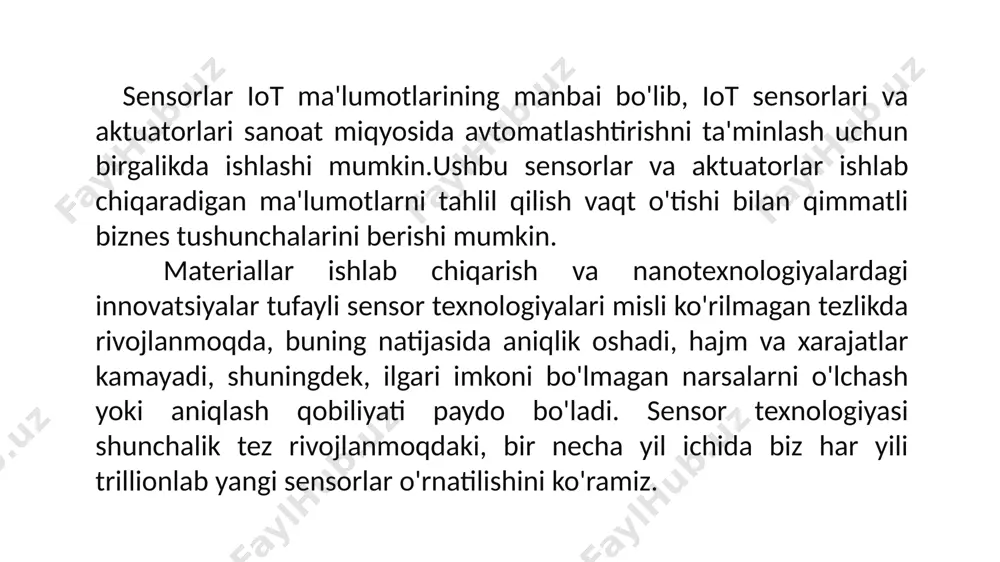 arakat sensori - infraqizil nurlanishdagi o'zgarishlarni aniqlaydi. energiyaning o'zgarishi - sensorlar va aktuatorlar o'rtasidagi birinchi farq ular amal qiladigan printsipdir. aktuatorlar issiqlik yoki harakat energiyasini o'lchaydi va jismoniy vazifani bajaradi. datchiklar ularga elektr signali yordamida to'plangan atrof-muhit sharoitlariga qarab energiyani uzatadi.yig'ish joyi - iot-dagi sensorlar va aktuatorlar o'rtasidagi ikkinchi farq shundaki, sensor atrof-muhitdan chiqishni, aktuator esa boshqaruv markazidan chiqishni kuzatib boradi. aqlli iot tizimida sensor ma'lumotlarni to'playdi va uni boshqaruv markaziga yuboradi. o'zining dasturlashiga ko'ra, boshqaruv markazi aktuatorlarga muayyan harakatlarni bajarishga ko'rsatma berishdan oldin ma'lumotlardan foydalanadi. agar sensor miya bo'lsa va aktuator vazifalarni bajaradigan a'zo bo'lsa, iot da sensorlar va aktuatorlar o'rtasidagi asosiy farq shu. iot-dagi sensorlar va aktuatorlarga misollar iot-da sensorlarning har xil turlariiot-dagi sensorlar va aktuatorlar o'rtasidagi farqni aniq tushunish uchun sensorlar nima ekanligini tushunishingiz kerak. aniqroq aytganda, iot qurilmalaridagi sensorlar va aktuatorlarning misollari buni tushunishingizni osonlashtiradi. sensorlar - bu mashinalarni aqlliroq qiladigan kichik qurilmalar. qanday atrof-muhit ma'lumotlarini …