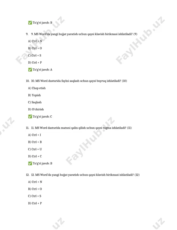 ishlatiladi? (28) a) chop etish b) yopish c) saqlash d) o‘chirish ✅ to‘g‘ri javob: c 29. ms word dasturida matnni qalin qilish uchun qaysi tugma ishlatiladi? (29) a) ctrl + i b) ctrl + b c) ctrl + u d) ctrl + c ✅ to‘g‘ri javob: b 30. ms word’da yangi hujjat yaratish uchun qaysi klavish birikmasi ishlatiladi? (30) a) ctrl + n b) ctrl + o c) ctrl + s d) ctrl + p ✅ to‘g‘ri javob: a 31. ms word dasturida faylni saqlash uchun qaysi buyruq ishlatiladi? (31) a) chop etish b) yopish c) saqlash d) o‘chirish ✅ to‘g‘ri javob: c 32. ms word dasturida matnni qalin qilish uchun qaysi tugma ishlatiladi? (32) a) ctrl + i b) ctrl + b c) ctrl + u d) ctrl + c ✅ to‘g‘ri javob: b 33. ms word’da yangi hujjat yaratish uchun qaysi klavish birikmasi ishlatiladi? (33) a) ctrl + …
