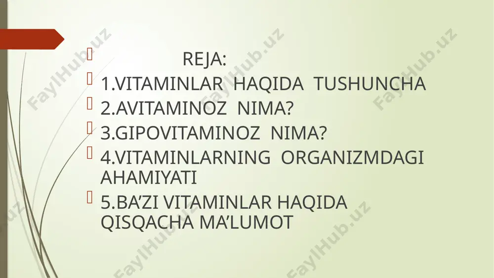 bunda milklar qonaydi ,og’izning shilliq qavatiga mayda yaralar toshadi, bo’g’imlar og’riydi ,kamqonlik paydo bo’ladi immunitet pasayib ketadi. kalsiyferon(d)-moddalarning mineral almashinuviga suyak hosil bo’lishiga ta’sir ko’rsatadi.u yosh bolalar skeletining jadal o’sishi va suyaklanishi davrida zarur.organizmda d vitamini yetishmasa raxit kasalligi paydo bo’ladi.sut ,tvorog, sariyog’, treska va baliq moyi uning asosiy manbai hisoblanadi.quyosh nuri ta’sirida ultrabinafsha nurlar ishtirokida d vitamini sintezlanadi.kasallikda suyaklar to’g’ri shakllanmaydi ,qo’l va oyoq qiyshiq o’sadi ,qorni kattalashadi foydalanilgan adabiyotlar: 8-sinf anatomiya darsligi https://uz.m.wikipedia.org https://qomus.info image1.jpg image2.jpg image3.jpg image4.jpeg image5.jpg image6.jpg image7.jpg image8.jpg image9.jpg image10.jpg /docprops/thumbnail.jpeg