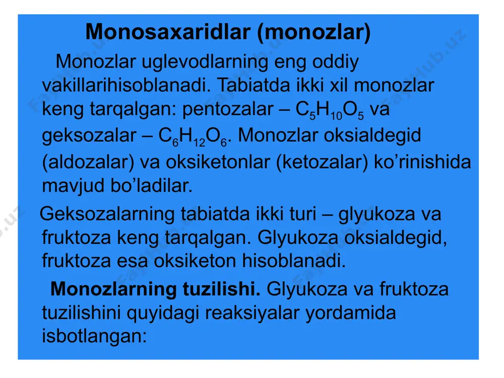tall moddalar bo’lib, ko’pchiligi shirin ta’mga ega. optik jihatdan faol. kimyoviy xossalari. monosaharidlar spirtlarni, karbonilli birikmalarni va yarimatsetallarni xossalarini takrorlaydilar. 1. monosaharidlarning qaytarilishi. monosaharidlar vodorod, litiy alyuminiy gidrid, natriy bor gidrid ta’sirida qaytarilganda ko’p atomli spirtga aylanadilar. 2. monosaharidlarning oksidlanishi. monosaharidlar oksidlanganda bir yoki ikki asosli oksikislotalarni hosil qiladilar. oksidlovchi sifatida gipoxlorid yoki gipobromid kislotalardan foydalaniladi: ajralib chiqadigan hbr kalsiy yoki bariy karbonat bilan neytrallanadi. 3. oksinitril sintezi. bu reaksiya yordamida quyi monosaharidlardan yuqori monosaharidlar hosil qilish mumkin. buni gyulkozadan d-geptoza hosil qilish misolida ko’rib chiqamiz: 4. giroksiaminnig ta’siri. bu reaksiya yordamida yuqori monosaharidlardan quyi monosaharidlarga o’tish mumkin bo’ladi: 5. fenilgidrazin ta’siri. bu reaksiya yordamida aldozalardan ketozalarni hosil qilish mumkin: 6. ishqorlar ta’siri. monosaharidlarga ishqorlar ta’sir ettirilganda izomerlanadilar. masalan, glyukoza ishqor ta’sirida fruktoza va mannozga izomerlanadi: 7. alkillash reaksiyasi. monosaharidlar alkillanganda ular yarimatsetallar shaklida reaksiyaga kirishadilar, ularga metil spirti bilan xlorid kislota aralashmasi ta’sir ettirilganda alkillash glyukozid gidroksili hisobiga boradi. …