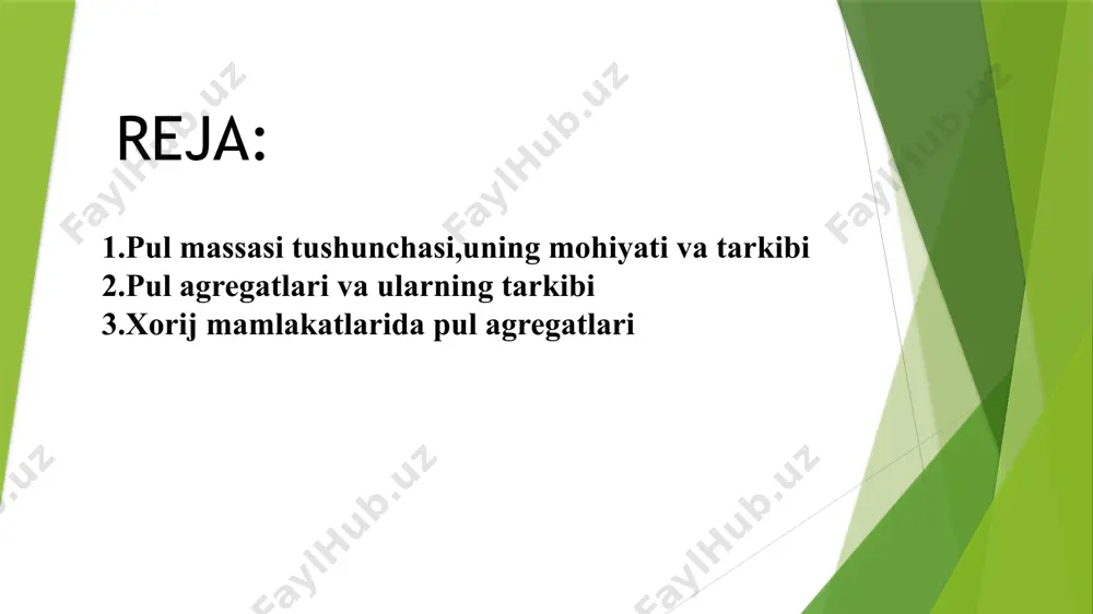 latiga monetizatsiya koeffisenti 17 % ni tashkil qiladi. pul massasi darajasini tavsiflovchi muhim ko’rsatkichlardan yana biri monetizatsiya koeffitsienti: mk- monetizatsiya koeffitsienti 2. pul agregatlari va ularning tarkibi aqsh da pul massasini aniqlash uchun 4 ta pul agregati, yaponiya va germaniyada – 3 ta, angliya va frantsiyada – ikkita pul agregatidan foydalaniladi. pul agregatlari – bu pul massasini muqobil o’lchash imkoniyatini beruvchi ko’rsatkichlardir. o‘zbekistonda pul massasi qo‘yidagi pul agregatlaridan iborat: m0 m1 m0+ tijorat banklaridagi talab qilib olinadigan va joriy hisobvaraqlardagi qoldiqlar m2 muomaladagi naqd pullar m3 m1+ tijorat banklaridagi muddatli depozitlar va jamg‘armalar m2+tijorat banklari depozit sertifikatlari, obligatsiyalar, davlat zayom obligatsiyalari, xazina majburiyatlari rossiya federatsiyada muomaladagi jami pul massasi hisob-kitobi uchun quyidagi pul agregatlari qo‘llaniladi. mo agregati - naqd pullar; m1 agregati - mo agregati va hisob-kitob, joriy va boshqa schyotlar (maxsus schyotlar, kapital qo‘yilmalar schyotlari, akkreditiv va chek schyotlari, mahalliy byudjet schyotlari, kasaba, uyushmalari jamoat va boshqa tashkilotlarning schyotlari, …
