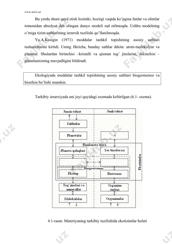qiy hudud sifatida bunday tizim uzoq vaqt mavjud bo’lgandagina, ya‘ni qandaydir vaqtning makro bo’limida barqaror bo’lsa ajratilishi mumkin. r.levontin (lewontin, 1969) ekotizimning har xil ta‘sirlarga qarshilik ko’rsatish xususiyatini lokal va global barqarorlik atamalari bilan tavsiflashni taklif qildi. bu hodisa sharikli modelda (4.2.rasm) ko’rsatilib, u ekotizim (populyatsiya, jamoa)ni namoyon etadi. 4.2 - rasm. lokal va global barqarorlik sharik topografik yuzada joylashtirilgan bo’lib, uning holati tashqi sharoitlarga bog’liq: bunday yuzaning cho’kkan qismi barqarorlikning har xil sathlarini gomeostatik jarayonlar orqali tavsiflaydi. a holatda har qanday ta‘sirda ham tizim muvozanat holatiga qaytishi mumkin (global yoki lokal). b holatda lokal muvozanat bo’lib, u agar tashqi ta‘sir kritik sathdan oshsa buziladi. ekologik suktsessiya (quyiga qarang) qiya topografik yuzadan harakatlanayotgan sharik ko’rinishida tasavvur qilinishi mumkin. umuman olganda, ahamiyatsiz ta‘sirdan so’ng muvozanat (dinamik muvozanat) holatiga qaytuvchi tizim lokal muvozanatga ega bo’ladi (masalan, o’tloqni o’rib olingandan keyin yana o’z holatiga qaytishi). agar tizim kuchli ta‘sirdan so’ng ham muvozanat holatiga …