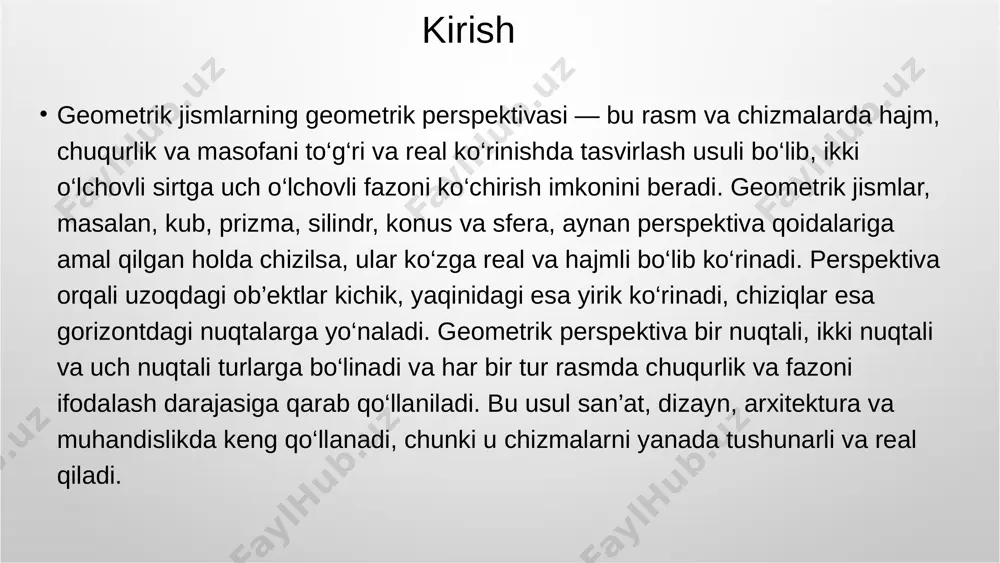 tivasi konus: asosi ellips, tepasiga esa barcha chiziqlar uchrashadi. piramida: asosida ko‘pburchak va tepasida bitta cho‘qqi nuqtasi bo‘ladi. bu jismlarni chizishda asosiy diqqat — markaz va ko‘rinish nuqtalari o‘rtasidagi nisbatda bo‘ladi. sfera va ellipsoidning perspektivasi sfera (shar) — bu geometrik jism bo‘lib, u har tomondan teng va mukammal doira ko‘rinishida bo‘ladi. perspektivada esa uning chuqurligi va hajmini ko‘rsatish uchun yorug‘lik va soya usullaridan foydalaniladi. yorug‘lik tushgan qismi yoruq, aksincha, undan uzoq qismi qorong‘i bo‘lib, realistik ko‘rinish hosil qiladi. ellipsoid esa sferaga o‘xshash bo‘lsa-da, uzun va qisqa o‘qlarga ega bo‘ladi, shu bois perspektivada cho‘zilgan va biroz yassilashgan shakl ko‘rinadi. e’tiboringiz uchun rahmat! image1.png image2.png image3.png image4.svg image4.jpeg image5.jpeg image6.jpeg image7.jpeg image8.jpeg image9.jpeg image10.jpeg /docprops/thumbnail.jpeg