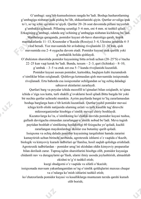 rq qiladi. o’simlikka asosan qurtlari zarar keltiradi. qurtlari 4 yoshni o’tab ozuqaga to’ygach, g’umbakka aylanadi. birinchi yosh qurt 1,0 mm, ikkinchi yosh 2,5–4,0 mm, uchinchi yosh 4,5–6,0 mm va 4 yosh qurt (voyaga etgan) esa 7–8 mm kattalikda bo’ladi. havo haroratiga qarab, qurtlar 15–20 kunda oziqlanishdan to’xtab, tuproqda, bargning yuza qismida yoki ba’zan zararlangan va o’ralgan barglar ustida g’ovaklar orasiga g’umbakka ketadi. g’umbagi: sarg’ish-kumushsimon rangda bo’ladi. boshqa hasharotlarning g’umbagiga nisbatan juda pishiq bo’lib, shikastlanishi qiyin. qurtlar avvaliga ipak to’r, so’ng ichki qavatini to’qiydi. qurtlar 20–26 soat davomida pillani tayyorlab g’umbakka aylanadi. pillaning uzunligi 5–6 mm, eni 4 mm. ni tashkil qiladi. erkagining g’umbagi, odatda urg’ochining g’umbagiga nisbatan kichikroq bo’ladi. manbalarga qaraganda, pomidor kuyasi ob-havo sharoitiga qarab, tropik mamlakatlarda 11–13, krasnodar o’lkasida (rossiya) 3–4, ukraina janubida 4–5 vlod beradi. yoz mavsumida bir avlodning rivojlanishi 22–30 kun, qish mavsumida esa 2–4 oygacha davom etadi. pomidor kuyasi etuk qurtlik yoki g’umbaklik holida qishlaydi. …