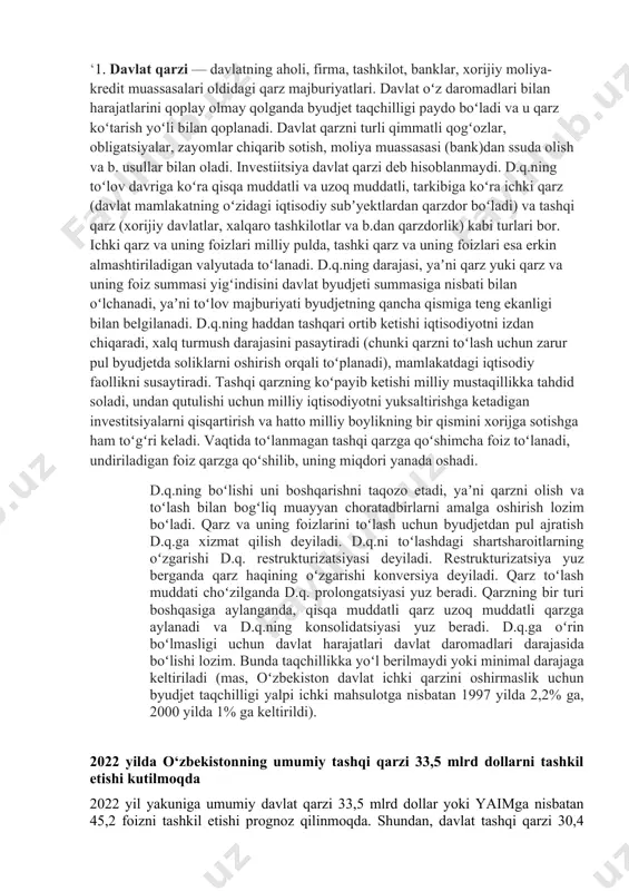 ko‘tarilishi» mumkin, lekin 60 foizlik chegaradan oshmaydi. may oyining o‘rtalarida prezident shavkat mirziyoyev tashqi qarz o‘sishiga to‘xtalib, «hamma bizning tashqi qarzimiz o‘sayotgani haqida gapiradi. agar biz chet eldan pul olmaganimizda, iqtisodiyotimizni shu darajagacha rivojlantira olarmidik?», — degan edi. bugungi kunda dunyoda qashshoqlik va kambag‘allikka barham berish hamda barqaror rivojlanishni ta’minlash muammolari markaziy o‘rinda turibdi. soni о‘sib borayotgan aholi uchun mos, to‘yimli va xavfsiz oziq-ovqat mahsulotlaridan foydalana olishni ta’minlash deyarli barcha halqlar to‘qnash kelayotgan eng murakkab muammolardan biri hisoblanadi. 0 ‘zbekistonni 2030-yilgacha ijtimoiy-iqtisodiy rivojlantirish konsepsiyasida makroiqtisodiy barqarorlikni va iqtisodiy o‘sish barqarorligini ta’minlash, iqtisodiyot tarmoqlarining raqobatbardoshligini, investitsion va eksport salohiyatini oshirish, tadbirkorlikni rivojlantirish va himoya qilish uchun qulay shart-sharoitlar yaratish, mehnat bozorida keskinlik darajasini pasaytirish, aholi daromadlari o‘sishi va kam ta’minlanganlikni qisqartirish nazarda tutiladi. iqtisodiy o'sish, jumladan uning sifati to‘g‘risidagi masala mamlakat, uning mintaqalari, umuman biror-bir ijtimoiy tizimning rivojlanish istiqbollarini aniqlash uchun ham juda muhim. iqtisodiy o‘sish jamiyatning rivojlanish istiqbollarini prognozlash imkonini …