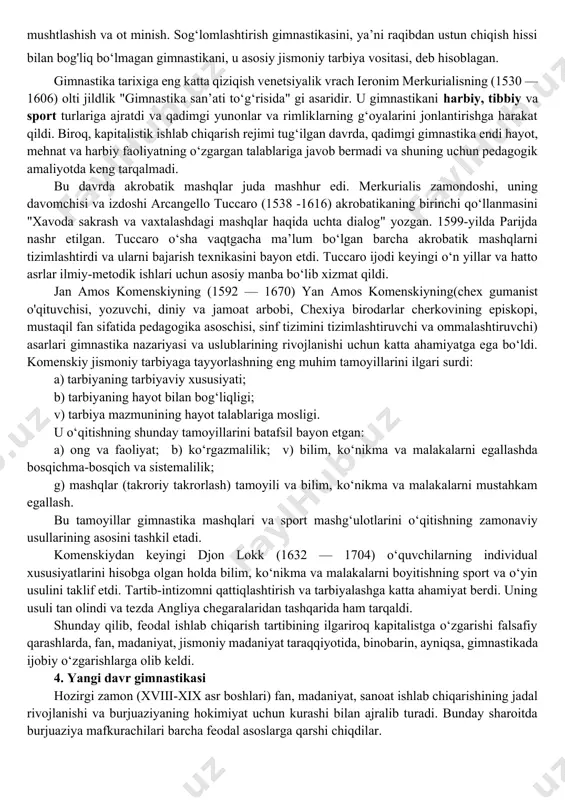 ashgan mushaklar va bo‘g‘imlar mashqlarni og‘riqsiz bajarish imkonini beradi. tai-dji gimnastikasi daryoning sekin, silliq oqimiga, solin gimnastikasi esa tez, toshqin daryo oqimiga qiyoslanadi. tai-dji gimnastikasi qo‘l, oyoq, bosh va torsning doimiy, uzluksiz harakatlari bilan xarakterlanadi. mashqlarni bajarishda tananing og‘irlik markazi doimiy ravishda u yoki bu oyoqqa o‘tkaziladi, bu esa odamni statik holatlardan saqlaydi. shifokorlarning so‘zlariga ko‘ra, bu salomatlikka ijobiy ta’sir ko‘rsatadi, ko‘krak qafasining harakatchanligini, o‘pkaning hayotiy quvvatini oshiradi, yurak, ovqat hazm qilish tizimining qon bilan ta’minlanishini yaxshilaydi va jismoniy va ruhiy ish faoliyatini oshiradi. bu mashqlarni bajarish diqqatni jamlash, tarqatish va kontsentratsiya qilishni talab qiladi, bu esa markaziy asab tizimi faoliyatini yaxshilaydi, asosiy asab jarayonlarining harakatchanligini oshiradi. bu ta’limot tanani va ruhni rivojlantirishga, insonni stressli vaziyatlarda faol harakatlarga tayyorlashga qaratilgan. tai-dji gimnastikasi osiyo xalqlari orasida keng tarqalgan, keyinchalik evropaga kirib bordi va u rossiya shaharlarida ham keng amal qiladi. qadimgi hindistonda gimnastika mashqlarining asosi diniy va falsafiy ta’limot — yoga …