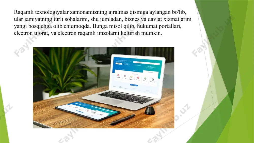 it vositalaridan foydalangan holda hosil qilingan, elektron raqamli imzo yopiq kalitiga mos keluvchi, axborot tizimining har qanday foydalanuvchisi foydalana oladigan va elektron hujjatdagi elektron raqamli imzo kalit haqiqiyligini tasdiqlash uchun mo‘ljallangan belgilar ketma-ketligi; xulosa elektron hukumat, elertron tijorat va elektron raqamli imzo (eri) zamonaviy axborot texnologiyalarining asosiy yutuqlaridan biri bo‘lib, davlat boshqaruvi tizimini samarali, tezkor va shaffof qilishga xizmat qiladi. kelajakda eri,elektron tijorat va elektron hukumatning rivojlanishi jamiyatning raqamli transformatsiyasini jadallashtirishga, samaradorlikni oshirishga va aholi hayotini yaxshilashga hissa qo‘shadi. foydalanilgan adabiyotlar wikipedia axborot sayti advice.uz “adliya organlari” sayti o’zbekiston resspublikasi soliq qo’mitasi e’tiboringiz uchun tashakkur! image1.jpeg image2.jpeg image3.jpeg image4.jpeg image5.jpeg image6.jpeg image7.jpeg image8.jpeg image9.png image10.jpeg image11.jpeg image12.jpeg image13.jpeg image14.jpeg /docprops/thumbnail.jpeg