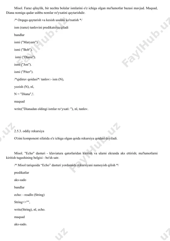 ir qismiga kirish huquqiga ega bo'lish kerak. kesish va orqaga qaytarish (ro) usuli ma'lumotlar bazasi tasdiqlaridan tanlangan ma'lumotlarni filtrlash uchun ishlatilishi mumkin. ma'lumotlar bazasini skanerlashni tugatish shartini qo'yish orqali siz ma'lumotlarning faqat kerakli qismini olishingiz mumkin. buning uchun prologda undov belgisi (!) bilan belgilanadigan o'rnatilgan kesimli predikat mavjud. har doim muvaffaqiyatli bo'lgan bu predikat ichki birlashtiruvchi tartiblarni joriy pastki maqsadni baholashga urinishlar paytida o'rnatilgan har qanday zaxira ko'rsatkichlarni "unutishga" olib keladi. boshqacha qilib aytganda, kesilgan predikat "to'siqni o'rnatadi", bu sizni joriy pastki maqsadga barcha muqobil echimlarga qaytishingizga to'sqinlik qiladi. biroq, keyingi kichik maqsadlar yangi zaxira ko'rsatkichlarini yaratishi va shu bilan kesilgan predikat doirasiga kirmaydigan yangi echimlarni topish uchun sharoit yaratishi mumkin. ammo agar barcha keyingi maqsadlar muvaffaqiyatsizlikka uchrasa, kesilgan predikat tomonidan o'rnatilgan to'siq orqaga qaytish mexanizmini kesilgan predikat doirasidan tashqaridagi boshqa mumkin bo'lgan qarorlarga zudlik bilan qaytarib olib, kesish doirasidagi barcha qarorlarni to'xtatib qo'yishiga olib keladi. shunday qilib, kesish va …