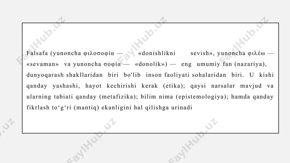 xos xojib, umar xayyom, gʻazoliy, zamaxshariy, ahmad yassaviy, najmiddin kubro, faxriddin roziy, bahouddin nakshband, ibn xaldun va boshqalar) va gʻarbiy islom f.si (ibn tufayl, ibn boja, ibn rushd) faylasuflarining musulmon olimlari tomonidan qayta ishlangan, tarjima qilingan asarlarining yevropaga qayta takdim etilishi bu yerda uygʻonish davrining boshlanishiga taʼsir koʻrsatgan. f.ning keyingi ravnaq topishi markaziy osiyoda temuriylar davri bilan boshlanadi. amir temur falsafiy gʻoyalarning mamlakat istiqboliga xizmat qilishini bilgan holda ilmfan ravnaqiga rahnamolik qildi. bu davrda markaziy osiyoda tasavvuf f.si, tabiatshunoslik f.si, mantiq f.si va axloqiy taʼlimotlar rivojlandi (rudakiy, firdavsiy, nizomiy, saʼdiy, jaloliddin rumiy, taftazoniy, jurjoniy, ulugʻbek, xoja ahror, fuzuliy, nasimiy, jomiy, navoiy, muhammad qozi, maxdumi aʼzam, bobur, mashrab, bedil va boshqalar). shuni qayd etish lozimki, islom f.si oʻzidan ilgari oʻtgan barcha dinlar bilan bogʻliq ilmiy anʼanalarni qabul qilgan. islom f.si rivojiga iudaizm, xristianlik, buddizm va boshqa diniy taʼlimotlar taʼsir koʻrsatgan. metafizika ilk bor arastu tomonidan sistematik oʻrganila boshlangan. u bu atamani …