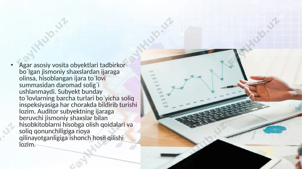 h uchun 8910 - «kelgusidagi xarajatlar va to`lovlar uchun rezervlar» schyotining ma'lumotlari bilan tanishish zarur. agar 8910 schyotda alohida ta'mirlash fondi degan analitik schyot ajratilgan bo`lsa, ushbu fondga qilingan ajratmalarning hajmi qanchalik asoslanganligi (iqtisodiy hisob-kitoblar bilan tasdiqlanganligi) ga ishonch hosil qilish zarur. ajratmalar hajmi asosiy vositalar turlari bo`yicha tabaqalangan yoki ajratmalarning yagona normasi o`rnatilgan bo`lishi mumkin. auditor nuqtai nazaridan yagona normativni qo`llash tannarxning asossiz ko`tarilishi va soliqqa tortiladigan bazaning pasayishiga olib kelsa, u bunday holatni auditorlik hisobotida ko`rsatib o`tishi lozim. e’tiboringiz uchun raxmat! image2.jpeg image3.png image4.jpg image5.jpg image6.jpg image7.jpeg image8.jpg image1.jpg