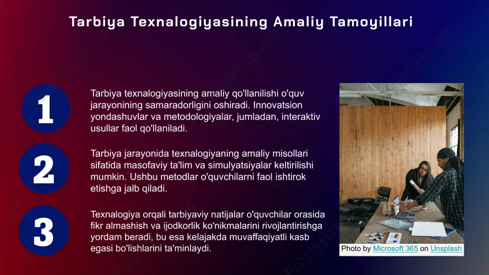 ta'lim sifatini oshirish va shaxsiylashtirilgan o'quv tajribasini ta'minlash. • misollar: vr (virtual haqiqat) va ar (kengaytirilgan haqiqat) texnalogiyalari, o'quv jarayonini yanada interaktiv va qiziqarli qiladi. photo by behnam norouzi on unsplash tarbiya texnalogiyalarining rivojlanish yo'nalishlari tarbiya texnalogiyalarining maqsadi ta'lim jarayonini yaxshilashdir. bu jarayonda sun'iy intellekt (ai) va virtual reallik (vr) kabi texnologik yutuqlar muhim rol o'ynaydi. ular o'quvchilarni interaktiv ta'lim bilan ta'minlab, bilim olish jarayonini qiziqarli va samarali qiladi. kelajakda ta'lim texnologiyalarida onlayn o'qish platformalarining o'sishi va shaxsiylashtirilgan ta'lim modellari kutilmoqda. talabalar o'z ehtiyojlariga mos ravishda ta'lim oladilar, bu esa ta'lim sifatini oshiradi. tarbiya texnalogiyalarining ijtimoiy ta'siri • texnalogiyalarning ijtimoiy ta'siri tarbiya jarayonida muhim o'rin tutadi. • ijtimoiy tarmoqlar o'quvchilarga aloqa va ma'lumot almashishga yordam beradi. • bu, tarbiyaviy jarayonlarni samaraliroq qiladi. tarbiya texnalogiyalarining afzalliklari va kamchiliklari afzalliklari tarbiya texnalogiyalari o'quv jarayonini samarali qiladi, vaqtni tejaydi va individual yondashuvni ta'minlaydi. ular o'quvchilarni faol ishtirok etishga undaydi va o'qituvchilarga ko'proq resurslar …