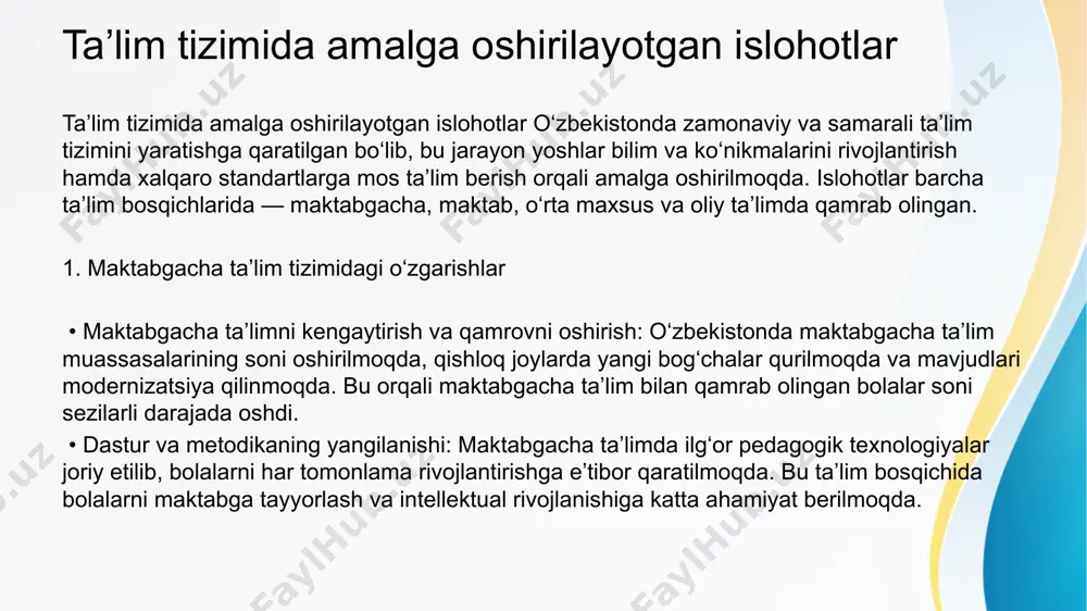 urlari va seminarlar tashkil qilinmoqda. uzoq hududlarda faoliyat yuritayotgan pedagoglarga zamonaviy ta’lim usullari o‘rgatilmoqda. 3. o‘rta maxsus va kasb-hunar ta’limidagi o‘zgarishlar • kasb-hunar ta’limini rivojlantirish: o‘zbekistonda kasb-hunar ta’limi muassasalari yangilanmoqda va zamonaviy texnologiyalar bilan jihozlanmoqda. bu jarayon yoshlarga amaliy ko‘nikmalar va bozor talablari asosida kasb egallash imkonini beradi. • integratsiyalashgan o‘quv dasturlari: kasb-hunar ta’limida amaliy va nazariy bilimlarni uyg‘unlashtirgan integratsiyalashgan dasturlar joriy etilmoqda. bu dasturlar yoshlarning bozor iqtisodiyoti talablariga javob beradigan mutaxassis bo‘lib yetishishlariga xizmat qiladi. 4. oliy ta’lim tizimida amalga oshirilayotgan o‘zgarishlar • oliy ta’limga qabul kvotalarining oshirilishi: o‘zbekiston hukumati tomonidan yoshlarning oliy ta’lim olish imkoniyatini kengaytirish uchun oliy o‘quv yurtlariga qabul kvotalari oshirildi. shu bilan birga, masofaviy ta’lim shakllari va maxsus ixtisoslashtirilgan fakultetlar tashkil qilinmoqda. • xalqaro hamkorlikni rivojlantirish: o‘zbekistondagi oliy ta’lim muassasalari dunyoning yetakchi universitetlari bilan hamkorlikni kuchaytirmoqda. xorijiy universitetlar bilan qo‘shma ta’lim dasturlari va diplom olish imkoniyati yaratilmoqda. shuningdek, xorijiy mutaxassislar va professorlar jalb qilinmoqda. • …