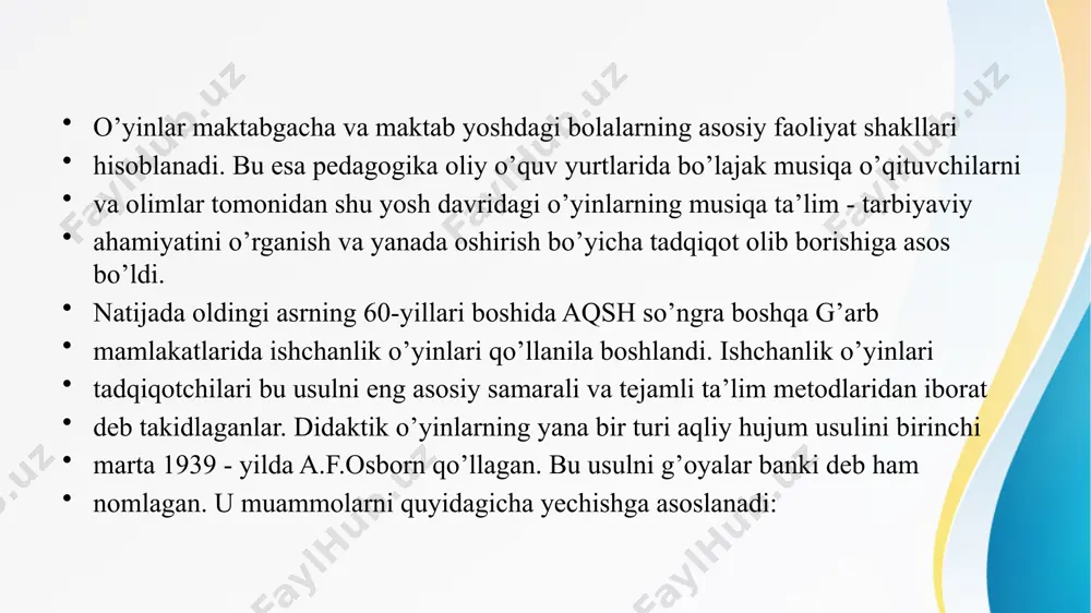 loqat asosida sinfga qiziqarli tushuntirish orqali o’tiladigan dars. tayanch tushunchalar darsi - o’quvchilarning musiqa savodi faoliyatidan tayanch tushunchalarni puxta o’zlashtirishlari bo’yicha turli o’yinlar shaklidagi mashqlar o’tkazish darsi. o’yin darsi - dars mavzusiga mos o’yin orqali o’quvchilarning o’zlashtirishlarini tashkil etish darsi. sud darsi - o’quvchilar bilan dars mavzusiga mos “sud” jarayonini tashkil etish orqali yangi mavzuni tashkillashtirish darsi. konsert darsi - dars mavzusini sahnalashtirgan holdagi konsert shaklida ifodalash mashqlari bo’lib, o’quvchilarni faollashtirish va bilimini mustahkamlash imkoniyatini beradi. tergovchi bilimdonlar olib boradigan darsi - dars mavzusini oldindan puxta o’rgangan o’quvchilar yordamida qiziqarli savol - javoblar, tahlillar asosida isbotlab, tushuntirish mashqlari bo’lib, bunda o’quvchilar dars mavzusini o’zlashtirib eslab qolishlari uchun qulaylik yaratadilar. integral (integratsiyalangan) dars - bir nechta(musiqa, tarix, adabiyot va h.q.) fanlarga doir integratsiyalash uchun qulay bo’lgan mavzular bo’yicha tashkil qilingan dars bo’lib, o’quvchilarning turli fanlarga qiziqishlarini orttirib musiqiy ta’lim jarayonidagi faolliklarini taminlaydi. bunday darslar o’quvchilarga fanlararo bog’liqlikni o’rgatish orqali ularda ilmiy …
