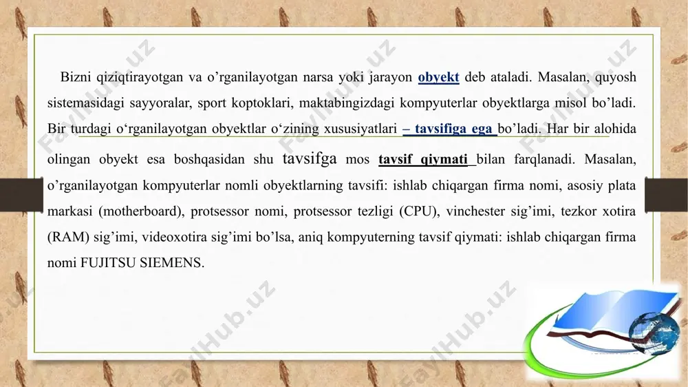 model deb ataladi. o‘rganilayotgan obyektning matematik munosabatlar va belgilar orqali ifodalash jarayoni matematik modellashtirish deb ataladi. umuman olganda, modellar obyektlarni ifodalash vositalarini tanlashga qarab quyidagi sxemada tasvirlanganidek uch asosiy turga bo‘linadi: 1. abstrakt modellar o‘z navbatida ikki guruhga bo‘linadi: matematik va iqtisodiy matematik modellar. matematik modellar obyektning tuzilishi va o‘zaro bog‘lanish qonuniyatlarining matematik munosabatlar, formulalar va matematik-mantiqiy tavsifidan iborat. bunday modellarga avvalgi darslarda misollar ko‘rib o‘tdik. iqtisodiy matematik modellar xviii asrdan qo‘llanila boshlandi. f.kenening “iqtisodiy jadvallar”ida birinchi marta butun ijtimoiy ishlab chiqarish jarayonini shakllanishini ko‘rsatib berishga harakat qilingan. hozirgi kunda iqtisodiy modellar yordamida iqtisodiy taraqqiyotning eng umumiy qonuniyatlari tekshiriladi. o’zbekistonning 5 tamoyil asosida bozor iqtisodiga o’tish modeli ham iqtisodiy matematik modelning asosini tashkil etadi (bu tamoyillarni yodga oling!). 2. fizik modellarda obyektning tabiati va tuzilishi deyarli asl nusxasi kabi bo‘ladi, lekin undan miqdor (o‘lchami, tezligi va hokazo) jihatidan farq qiladi. misol sifatida samolyot, kema, avtomobil, poyezd va boshqalarning modellarini olish …