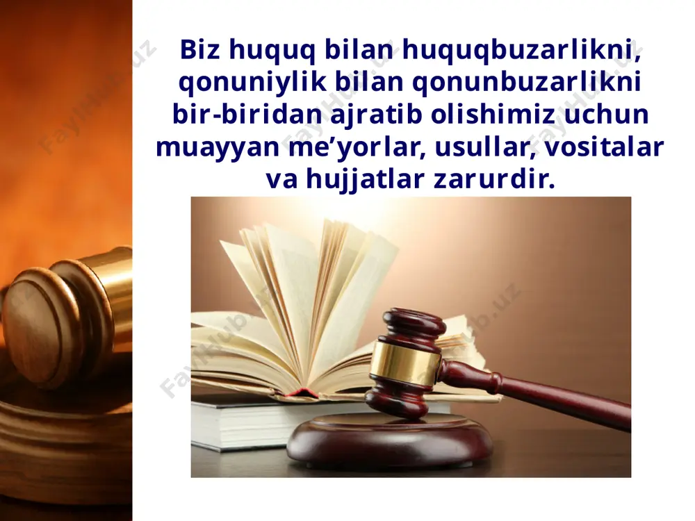 gacha qamoq yoki uch yilgacha ozodlikdan mahrum qilish bilan jazolanadi” qismi esa sanksiyaga misol bo‘la oladi. ayrim qonun hujjatlarida huquq normasi bu uch tarkibiy elementdan emas, balki 2 ta tarkibiy elementdan tashkil topgan bo‘lishi ham mumkin. huquq normasining quyidagi belgilari mavjud: – davlatning (xalqning) irodasini aks ettiradi; – davlat tomonidan normativ hujjatlarda aks ettiriladi; – davlat tomonidan muhofaza qilinadi, zarur bo‘lgan hollarda davlatning majburlov kuchi bilan ta’minlanadi; – jamiyat va davlat nuqtai nazaridan eng muhim bo‘lgan ijtimoiy munosabatlarni mustahkamlaydi. o‘zbekiston respublikasi mustaqillikka erishganidan buyon ko‘pgina xalqaro huquqiy hujjatlarga qo‘shildi. huquqiy normalarga misol qilib xalqaro huquqiy hujjatlarni ham keltirish mumkin. quyida biz kundalik hayotimizda ta’sir ko‘rsatadigan ayrim muhim xalqaro huquqiy hujjatlar ro‘yxatini taqdim qilamiz: – inson huquqlari umumjahon deklaratsiyasi; – bola huquqlari to‘g‘risidagi konvensiya; – iqtisodiy, ijtimoiy va madaniy huquqlar to‘g‘risidagi xalqaro pakt; – fuqarolik va siyosiy huquqlar to‘g‘risidagi xalqaro pakt; – texnik va kasb ta’limi bo‘yicha konvensiya; – rivojlanish huquqi …
