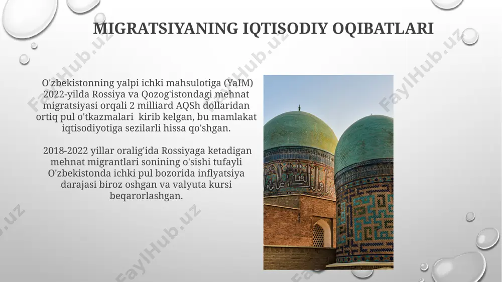 igratsiya toshkent va samarqand shaharlaridan chet elga tibbiy xizmat olish uchun ketadiganlar soni 2019 yildan beri 3 barobar oshgan, bu esa mamlakatdagi tibbiy xizmatlar sifatiga boʻlgan talabning oshishini koʻrsatadi. oʻzbekistondan rossiya va qozogʻiston kabi qoʻshni davlatlarga 2022-yilda 150 mingdan ortiq ta’lim va tibbiy maqsadlarda migratsiya kuzatildi, bu umumiy migratsiyaning 10 foizini tashkil etadi. migrantlarning demografik xususiyatlari migratsiya oqimlarida ayollarning ulushi soʻnggi yillarda sezilarli darajada oshdi, taxminan 20% ni tashkil etadi va koʻpincha, xizmat koʻrsatish sohasi va uy xoʻjaligi ishlarida band boʻlishadi. oʻzbekistonning qishloq hududlaridan, masalan, samarqand va buxoro viloyatlaridan rossiya va qozogʻiston kabi mamlakatlarga koʻchib ketadigan migrantlarning 60% dan ortigʻi 25-45 yosh oraligʻida boʻlib, asosan, mehnatga layoqatli yoshdagi aholi hisoblanadi. migratsiya bo'yicha xalqaro hamkorlik o'zbekiston 2022-yilda xalqaro migratsiya tashkiloti (iom) bilan 15 dan ortiq qo'shma loyihalarni amalga oshirdi, asosan mehnat migratsiyasi va qaytishni qo'llab-quvvatlashga qaratilgan. rossiya va qozog'iston kabi qo'shni davlatlar bilan ikki tomonlama shartnomalar o'zbekiston fuqarolarining xorijdagi huquqlarini himoya …