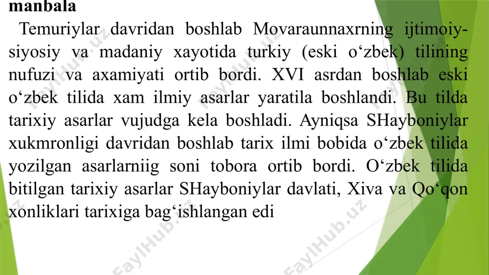 rix tipida yozilgan bu asarning so‘nggi xi qismi original xisoblanadi. unga xvi asrning birinchi choragida xuroson va movounnaxrda sodir bo‘lgan voqealar bir muncha keng yoritilgan. xv asrning ikkinchi yarmi va xvi asrning birinchi yarmida yashab o‘tgan atoqli shoirlardan biri muxammad solix xisoblanadi. muxammad solix temurga yaqin bo‘lgan amirlardan biri shoxmalikning nabirasi bo‘lgan. uning otasi xam temuriylarga xizmat qilgan, lekin qaysidir gunoxlari uchun u abu said tomonidan qatl etilgan. shu boisdan muxammad solix yoshligidan ko‘p qiyinchiliklarga duchor bo‘ldi. . keyinchalik xusayn boyqaro saroyida bir necha yil xizmat qildi, lekin iltifot ko‘rmadi. shuning uchun xam taxminan 1499 yilda muxammad solix shayboniyxon xizmatiga kiradi. shayboniyxon uni iltifot bilan kutib olib, "malik ush-shuaro" unvonini beradi. muxammad solix shayboniyxonning bir necha yurishlarida unga xamkorlik qildi. muxammad solix o‘zining asosiy asari bo‘lgan "shayboniynoma" dostonida shayboniyxonning 5-6 yillik daxshatli yurishlarini tasvirlaydi. asarda tendensioz rux kuchli. muallif shayboniyxon va uning atrofidagi kishilarni ko‘klarga ko‘tarib maqtaydi, temuriylarni esa kamsitib, …