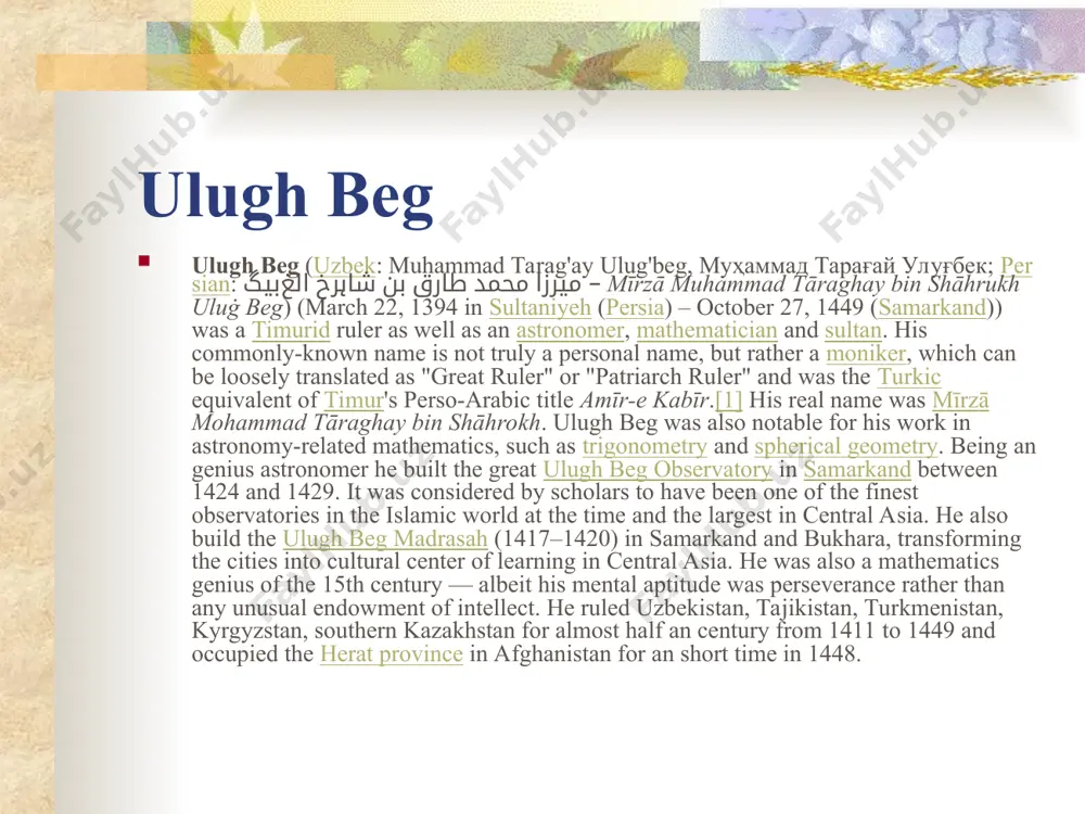 beg's father to much of the timurid empire, he settled in samarkand, which had been timur's capital. after shah rukh moved the capital to herat (in modern afghanistan), sixteen-year-old ulugh beg became the shah's governor in samarkand in 1409. in 1411, he became the sovereign ruler of the whole mavarannahr khanate. ulugbek observatory - constructed by ulugbek in 1428-1429, 46 meters in diameter, 30 meters in height. in the main hall huge instrument was placed for observations of moon, sun, and other stars of the vault of heaven. observatory was unique construction for its time. the basis of observatory was giant goniometer (vertical circle), radius of circle was equal 40,212 meters, and the length of arc was 63 meters. the main instrument-sextant-was oriented with amazing exactness by line of meridian from south to north. contribution of creation astronomic catalog-“zidji-gurgani”, known as “star tables of ulugbek” belongs to ulugbek. whole galaxy …