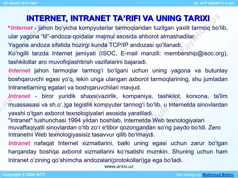 iv.uz www.arxiv.uz intranet ko‘p qatlamli tuzilmaga ega bo‘lib, uning eng quyi qatlami tarmoq qatlamidir. bu qatlam tarmoq uch sath(fizikaviy, kanal, tarmoq)ga tegishli jihozlari(kabel, modem, uzib-ulovchilar, marshrut beruvchilar va sh.o‘.)dan va dastur ta’minotining mantiqiy komponentlari(malumotlarni uzatish protokollari, xatolarni nazorat qilish, marshrutlash dasturlari)ni o‘z ichiga oladi. tarmoq qatlami platforma qatlami(kliyentlar va serverlarning tarmoq apparat -dastur ta’minoti) bilan birgalikda intranetning infratuzilmasini tashkil etadi. ularga mos tarzda intranetning barcha vazifalarini bajarish uchun zarur dasturiy vosita(ma’lumot va bilimlar bazalari, axborot robotlari, izlash mashinalari,avtomatlashtirish tizimlari va sh.o‘.) lar shakllantiriladi. internet davlat buyurtmalarini bajarishda tashkilotlarning birgalikda olib boriladigan faoliyatlarini yengillashtirish maqsadida 70-yillarning oxirida (1969) aqsh mudofaa vazirligining loyihasi asosida yuzaga kelgan. bu boshlang‘ich tarmoq arpanet (advanced research projects agency) bo‘lib avvalo kaliforniya va yuta shtatlaridagi 4 tagina kompyuterni o‘zaro bog‘lagan. keyinchalik bu tarmoq kengayib 80- yillar oxirida aqsh milliy ilmiy jamiyatining ixtiyoriga topshirilib nsfnet shaklida rivoj topgan. mazkur tarmoq hozirgi internetning tayanch tarmog‘i hisoblanadi. internet bu tarmoqqa …