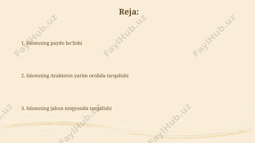 kuzatildi. islom me'morchiligi, 15 asr davomida qurilgan masjidlar, madrasalar va saroylar orqali, andalusiyadan (ispaniya) hindistongacha bo'lgan hududlarda noyob arxitektura uslublarini shakllantirishga ta'sir ko'rsatdi. islom imperiyasining kengayishi islom armiyasi 711-yilda gibraltar bo'g'ozini kesib o'tib, ispaniyaga bostirib kirdi va 7-8 asrlarda vizantiya imperiyasi va sasanilardan tortib olgan keng hududlarda o'z ta'sirini o'rnatdi. islom imperiyasi 7-asrda arabiston yarim orolidan boshlanib, 8-asrga kelib shimoliy afrikani, yaqin sharqni va ispaniyaning bir qismini egallab, 30 yildan kamroq vaqt ichida ulkan hududlarni zabt etdi. muhammad alayhissalomning hayotlari muhammad alayhissalom 622-yilda, 62 yoshida, madinaga hijrat qilib, u yerda islom jamiyatini qurganlar va 10 yil davomida islom davlatini boshqarganlar. islomning dastlabki 13 yilligi makkada o'tgan bo'lib, bu davrda musulmonlar zulm va ta'qiblarga duch kelganlar. islom taʼlimoti va qoidalari islom taʼlimoti 5 ta ibodat ustuniga, jumladan, shahodat, namoz, zakot, roʻza va hajga asoslanadi, bu ibodatlarning bajarilishi musulmonlarning dunyoqarashini shakllantiradi va 7-asrda makkada paydo bo‘lgan. islom taʼlimotida yer sharining turli burchaklaridan, …