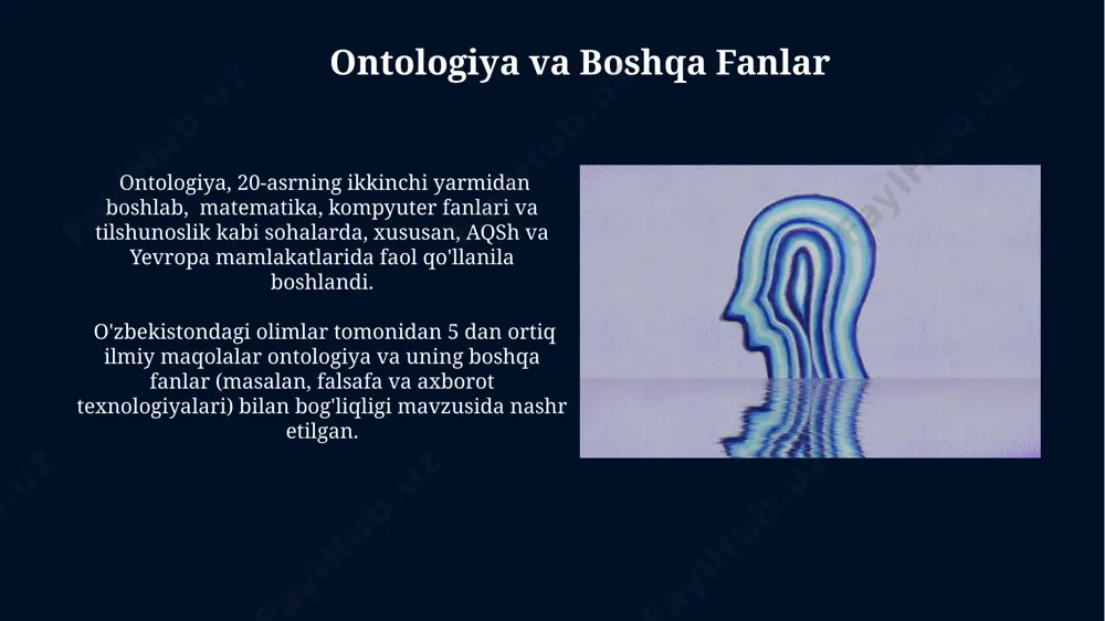 ka fanlarini o'qitish 2023-yilda 10% ga oshganini ko'rsatuvchi statistik ma'lumotlar mavjud. ekzistensializm va ontologiya sartre va kamyu kabi 20-asrning mashhur ekzistensialistlari ontologiyaning markaziga insonning mavjudligini, uning dunyodagi o'rnini va ma'noli hayot qidiruvini qo'yishgan, bu esa 1940-yillardagi mavhum ontologik munozaralarga yangi o'lcham qo'shdi. ekzistensializm, 20-asrning o'rtalarida yevropa, ayniqsa, frantsiya va germaniyada paydo bo'lgan falsafiy yo'nalish bo'lib, ontologiya masalalariga inson mavjudligi va erkin tanlov nuqtai nazaridan yondashadi. ontologiyaning amaliy ahamiyati ontologiya, 300 dan ortiq falsafiy asarlarda muhokama qilinganidek, axborot texnologiyalari sohasida, xususan, ma'lumotlar bazalarini loyihalashda va ularni boshqarishda muhim rol o'ynaydi. dunyoning turli burchaklarida, jumladan, toshkent va xorazmda, 10 dan ortiq universitet ontologiya asoslarini o'rganish orqali talabalarga 21-asrning murakkab muammolariga yondashishni o'rgatadi. e'tiboringiz uchun rahmat @taqdimot_robot image5.jpg image6.jpg image7.jpg image8.jpg image9.jpg image10.jpg image11.jpg image12.jpg image13.jpg image14.jpg image15.jpg image16.jpg image1.jpg