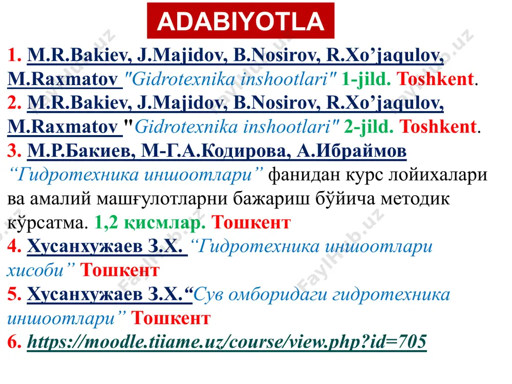 . filtratsiya oqimining bosimli harakati: 1–ponur; 2–suv urilma; 3–risberma; 4–inshoot tagi; 5–zatvor; 6–flyutbetga ta’sir qiluvchi filtratsiya bosimi; 7–suv o‘tkazmaydigan qatlam. filtratsiya oqimining bosimsiz harakati: 1-depressiya egri chizig‘i; 2-pastki qiyalik; 3-to‘g‘on tepasi; 4-yuqori qiyalik. qoyamas gruntlar uchun filtratsiya koeffitsiyentining o‘rtacha qiymatlari suv dimlovchi inshootlardagi yuza va filtratsiya oqimlari sxemalari: a–bir jinsli-izotrop, gruntli zaminlarda yuza oqimlar; b–bir jinsli-anizotrop, gruntli zaminlarda yuza va filtratsiya oqimlari. 2. filtratsiya paytidagi hisobiy holatlar tabiiy sharoitlarda inshoot zaminida o‘zaro joylashgan turli xil grunt qatlamlarini uchratish mumkin. bir jinsli gruntlar kichik inshootlar ostida uchrasa, yirik inshootlar zamini ko‘pincha turli jinsli gruntlardan tashkil topgan bo‘ladi. filtratsiya nazariyasi barcha sharoitlar uchun filtratsiya hisoblarini bajarish imkonini bermaydi. shu sababli gruntlarning qatlamlanishi bo‘lgan joylar filtratsiya oqimi parametrlarini aniqlashning tayyor yechimi bo‘lgan hisobiy sxemalar holatiga keltiriladi. suv dimlovchi inshootlarda suv sathlari vaqt davomida o‘zgarib turadi, lekin filtratsiya hisoblari faqat ular orasidagi farq o‘zgarmas bo‘lgan holat uchun bajariladi. buning uchun hisobiy sxemalar ta’sir etuvchi …