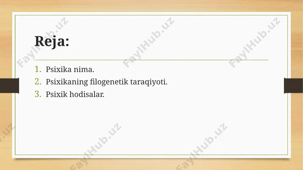 rligidir. psixika nima? psixika rivojining oliy shakli — inson psixikasidir. uning paydo boʻlishi va rivojlanishida insonga xos boʻlgan atrofdagi olam bilan oʻzaro munosabatga kirishish usuli — mehnat hal qiluvchi rol oʻynagan. inson psixikasi faqat biologik taraqqiyotning emas, ijtimoiytarixiy taraqqiyotning ham mahsulidir. ijtimoiy, mehnat amaliyoti oliy, faqat insongagina xos psixika shakli — oyagni vujudga keltirdi. psixika nima? inson psixikasining eng muhim xususiyati — ishlar, hodisalar va boshqalarni oldindan koʻra bilish va oʻzi nima qilishini rejalashtirishdan iborat. inson obyektiv voqelikdagi predmetlar va hodisalarni tajribaga asoslanib idrok qiladi. insonning psixik faoliyati asosida birinchi va ikkinchi signal sistemalarining oʻzaro taʼsiri yotadi. psixikaning muhim tomoni uning reflektorlik tabiati, yaʼni reflekslar hosil boʻlishi, bu jarayonning toʻxtovsiz va qatʼiy kechishidir. real psixika faoliyat koʻrinishida mavjud. psixika nima? faoliyatda u shakllanadi, namoyon boʻladi va bilib olinadi. inson psixikasining shakllanishida taʼlim va tarbiya muhim rol oʻynaydi. taʼlim va mehnat jarayonida har bir shaxs psixikasining individual rivojlanishi yuz beradi, bu …
