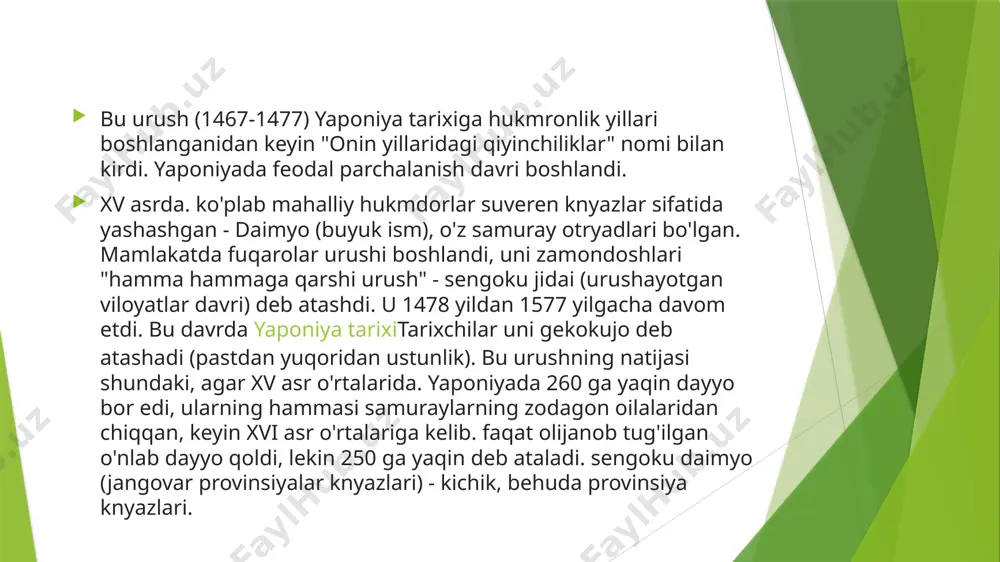 ining o'rnatilishi bilan bog'liq edi siyosiy shartlar kim shogunlarni qabul qildi: ular xitoy imperatoriga vassalatsiyasini tan oldilar. yoshimitsu, ashikaga uyining uchinchi shoguni, 1402 yilda bu shartlarga rozi bo'lgan va xitoy imperatoridan "nippon -kokuo" - yaponiya qiroli unvonini olgan. bu shuni anglatadiki, xv asrda xitoydan buyon hech qanday ahamiyatga ega bo'lmagan syogun hukumati xitoy tomonidan rasman tan olingan. osiyodagi eng qudratli davlat edi. yaponiya koreya bilan savdo -sotiq olib bordi, u erda xitoyda bo'lgani kabi yapon tovarlari importi uchun maxsus portlar aniqlandi. xitoyning asosiy porti - ningbo, koreyaning - pusan ​​shahri. xv asrda. yaponiyada hunarmand-savdogarlar va feodallar o'rtasida kurash olib borildi, bu esa ba'zida shaharlarning o'zini o'zi boshqarish huquqini olishiga olib keldi. bunga sakay, yamaka, ominato kabi shaharlar erishdi. ularda savdogar o'zini o'zi boshqarish organlari paydo bo'ldi va o'zlarining yollanma askarlaridan shahar qo'riqchilari - samuraylar paydo bo'ldi. 1428 yilda yirik dehqon qo'zg'oloni sodir bo'ldi. qo'zg'olonga turtki, ekinlarning etishmasligi kuchli ocharchilikka olib …