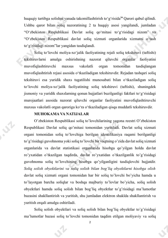 vlat soliq qo‘mitasi to‘g‘risidagi nizom” va “o‘zbekiston respublikasi davlat soliq xizmati organlarida xizmatni o‘tash to‘g‘risidagi nizom”lar yangidan tasdiqlandi. soliq to‘lovchi moliya-xo‘jalik faoliyatining rejali soliq tekshiruvi (taftishi) tekshiruvlarni amalga oshirishning nazorat qiluvchi organlar faoliyatini muvofiqlashtiruvchi maxsus vakolatli organ tomonidan tasdiqlangan muvofiqlashtirish rejasi asosida o‘tkaziladigan tekshiruvdir. rejadan tashqari soliq tekshiruvi esa yuridik shaxs tugatilishi munosabati bilan o‘tkaziladigan soliq to‘lovchi moliya-xo‘jalik faoliyatining soliq tekshiruvi (taftishi), shuningdek jismoniy va yuridik shaxslarning qonun hujjatlari buzilganligi faktlari to‘g‘risidagi murojaatlari asosida nazorat qiluvchi organlar faoliyatini muvofiqlashtiruvchi maxsus vakolatli organ qaroriga ko‘ra o‘tkaziladigan qisqa muddatli tekshiruvdir. muhokama va natijalar o’zbekiston respublikasi soliq to’lovchilarining yagona reestri o’zbekiston respublikasi davlat soliq qo’mitasi tomonidan yuritiladi. davlat soliq xizmati organi tomonidan soliq to’lovchiga berilgan identifikasiya raqami berilganligi to’g’risidagi guvohnoma yoki soliq to’lovchi bir vaqtning o’zida davlat soliq xizmati organlarida va davlat statistikasi organlarida hisobga qo’yilgan holda davlat ro’yxatidan o’tkazilgan taqdirda, davlat ro’yxatidan o’tkazilganlik to’g’risidagi guvohnoma soliq to’lovchining hisobga qo’yilganligini tasdiqlovchi hujjatdir. soliq …