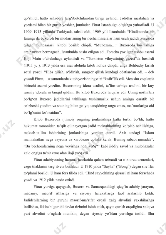 abi jiddiy savol va mulohazalar xalq ongiga taʼsir etmasdan iloji yoʻq edi. fitrat adabiyotning hamma janrlarida qalam tebratdi va oʻz orzu-armonlari, ezgu tilaklarini targʻib eta boshladi. u 1910 yilda “sayha” (“bong”) degan sheʼrlar toʻplami bosildi. u ham fors tilida edi. “hind sayyohining qissasi”ni ham forschada yozdi va 1912 yilda nashr ettirdi. fitrat yurtiga qaytgach, buxoro va samarqanddagi qizgʻin adabiy jarayon, madaniy, maorif ishlariga va siyosiy harakatlarga faol aralashib ketdi. jadidchilarning bir guruhi maorif-maʼrifat orqali xalq ahvolini yaxshilashga intilishsa, ikkinchi guruhi davlat tizimini isloh etish, qayta qurish orqaligina xalq va yurt ahvolini oʻnglash mumkin, degan siyosiy yoʻldan yurishga intildi. shu maqsadda 1917 yil fevral inqilobidan keyin yosh buxoroliklarning inqilobiy partiyasi tuzildi. markaziy qoʻmita aʼzolari orasida fitrat sarkotib sifatida va fayzulla xoʻjayev aʼzo sifatida ishtirok etishdi. partiya amirni islohga daʼvat etdi va u qogʻozda koʻp xayrli ishlar qilishga vaʼda berdi, amalda oʻz bilganidan qolmadi. fitrat matbuot orqali ham oʻz gʻoyalarini targʻib etishga …
