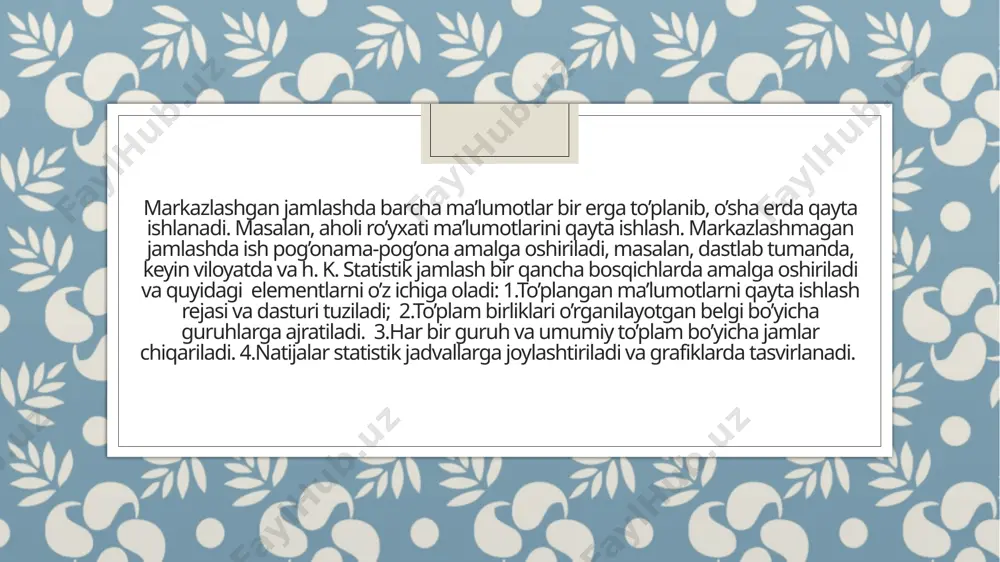 ng muhim masalalardan biri, to’plam birliklarini guruhlarga ajratishdir. bu erda guruhlar soni va oralig’i (intervali)ni aniqlash muammosi paydo bo’ladi. bu muammo miqdoriy belgilar bo’yicha guruhlashga tegishlidir, chunki tipologik guruhlashda, odatda, guruhlar soni tekshirishning vazifasi bilan aniqlanadi. masalan, aholini jinsi bo’yicha guruhlash vazifasi qo’yilsa, bu erda guruhlar soni doimo aniq-ikkita. banklarni kapital miqdori bo’yicha guruhlarga ajratishdan maqsad, ulani katta, o’rtacha va kichik bank ekanligini aniqlash bo’lsa, guruhlar soni bu erda ham aniq -uchta. xo’sh guruhlar soni qanday aniqlanadi? tayyor retsept yo’q. odatda, hodisaning taqsimlanish xarakterini aniqlash uchun guruhlar soni ko’proq olinadi. bu erda o’rganilayotgan belgining tebranishi (o’zgarishi) e’tiborga olinadi, ya’ni tebranish qancha katta bo’lsa, odatda, guruhlar soni ko’proq bo’ladi. yana bir narsa. o’rganilayotgan to’plamdagi birliklar soni ham muhimdir. agarda, ularni soni juda ko’p bo’lmasa, guruhlar sonini ko’paytirish maqsadga muvofiq emas, chunki guruhlarda to’plam birliklari soni kam bo’ladi va ularni ifodasi etarli tipik bo’lmasligi mumkin. lekin bu qoidani mahkam ushlab olish ham …