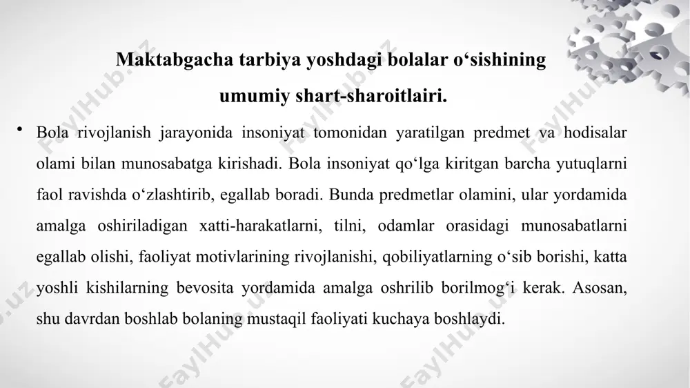 fonetik eshitish birinchi yilning oxrrlariga borib rivojlanib boradi va bog’cha yosh davrining dastlabki bosqichlarida o’z oaa tilining deyarli barcha tovushlarni amaliy farqlay oladi, passiv nutq, bilan bir qatorda faol nutqni ham egallaydi. bu davrda hid bilish sezgisi ham rivojlanadi. katta guruh bolalari hidlarni farqlashda kam xatoliklarga uchraydi, hidlarni aniqroq nomlaydi. teri tuyush hamda og’irlikni seza yosh xususiyati ham rivojlanadi. 4 yoshdan 7 yoshgacha bo’lgan bolalarda bu qobiliyat taxminan ikki barobarga ortadi. image2.jpeg image3.png image1.jpeg /docprops/thumbnail.jpeg