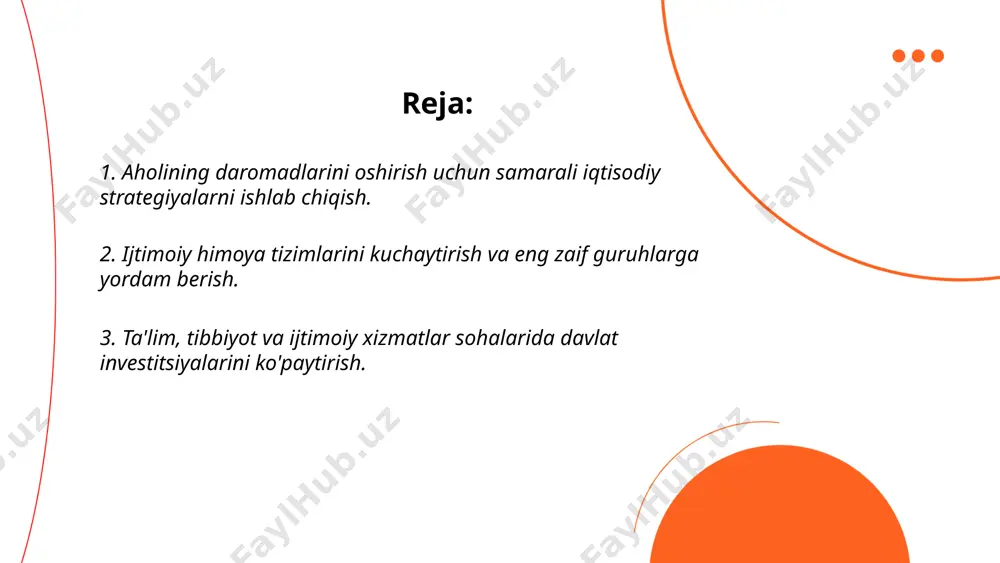 a o‘rta biznesni rivojlantirishga ko‘maklashish muhim. o‘zbekiston kabi rivojlanayotgan davlatlar uchun kichik va o‘rta biznesni qo‘llab-quvvatlashning ahamiyati katta. kichik va o‘rta tadbirkorlikni rivojlantirish uchun zarur infratuzilma yaratish, kredit olish imkoniyatlarini oshirish, soliqlarda imtiyozlar berish va marketing strategiyalarini taqdim etish mumkin. bu tadbirkorlarning biznesni kengaytirish va yangi ish o‘rinlari yaratish imkoniyatlarini oshiradi, shu bilan birga aholi daromadlarini ko‘paytirishga yordam beradi. to‘rtinchidan, qishloq xo‘jaligini modernizatsiya qilish va samarali boshqarish aholi daromadlarining oshishiga bevosita ta'sir ko‘rsatadi. ... t.me/slaydai_bot beshinchidan, ijtimoiy himoya va jamiyatdagi tenglikni ta'minlash uchun ijtimoiy siyosatni takomillashtirish zarur. ijtimoiy himoya dasturlari, sog‘liqni saqlash, ta'lim va pension tizimlari orqali past daromadli qatlamlarga yordam ko‘rsatish, ular uchun iqtisodiy imkoniyatlarni oshirish kerak. bunday dasturlar orqali iqtisodiy jihatdan zaif qatlamlar jamiyatda teng imkoniyatlarga ega bo‘ladi va umumiy daromadlarni oshirishda ishtirok etishadi. oltiinchidan, tashqi savdo va eksport imkoniyatlarini kengaytirish aholi daromadlarini oshirish uchun muhim vosita hisoblanadi. eksportni diversifikatsiya qilish va xalqaro bozorlarga chiqish orqali davlat o‘z …
