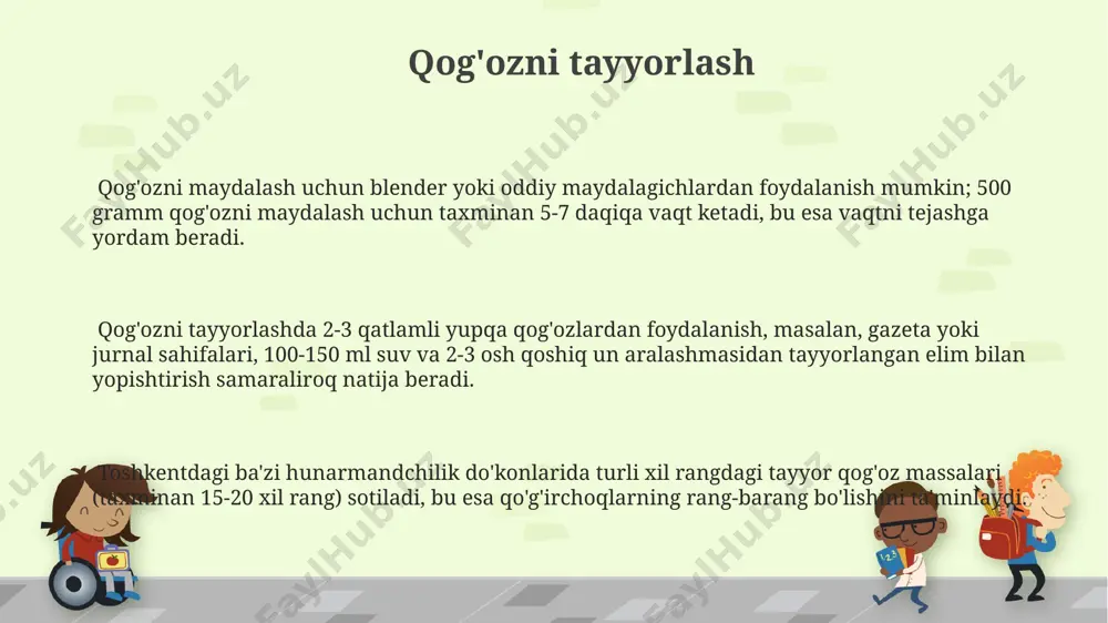 shadi. qatlam qo'shish qog'oz qatlamlarini yopishtirishda 1:2 nisbatda suv va pva elim aralashmasidan foydalanish, masalan, 100 ml suvga 50 ml elim qo'shish, yaxshi yopishqoqlikni va mustahkam qatlam hosil bo'lishini ta'minlaydi. qatlam qo'shish jarayonida 3-4 qatlam qog'ozni bir-biriga yopishtirish, ayniqsa, katta o'lchamdagi o'yinchoqlar uchun, masalan, 30 sm balandlikdagi hayvon figuralari uchun, mustahkamlikni ta'minlaydi. qatlam qo'shish tezligi va usuli o'yinchoqning murakkabligiga bog'liq; masalan, samarqand uslubidagi murakkab bezakli o'yinchoqlar uchun qo'shimcha vaqt va ehtiyotkorlik talab etiladi. yangi g'oyalar papier-mâché texnikasini qo'llab, 5 sm dan 20 sm gacha bo'lgan o'lchamdagi, samarqand uslubidagi miniatyuralarni aks ettiruvchi o'yinchoqlar yaratish va ularni sotishni tashkil etish mumkin. qayta ishlangan qog'ozdan tayyorlangan, 7 ga yaqin xil shaklda, xorazm viloyatining an'anaviy naqshlari bilan bezatilgan, o'yinchoqlar to'plamini ishlab chiqarish bo'yicha biznes-rejani yaratish mumkin. 10 dan ortiq turdagi tabiiy bo'yoqlardan (masalan, qizilmiya, ismaloq) foydalanib, toshkentdagi hunarmandlarning an'anaviy uslubida bezatilgan, 3 o'lchovli hayvonlarni yaratish mumkin. quritilganidan keyin quritgandan keyin, 24 soat davomida 20°c …