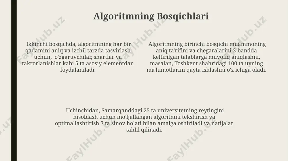 тарқалган ва европанинг турли минтақаларида, масалан, париж, берлин ва лондон каби шаҳарларда мулоқот учун асосий тиллар сифатида фойдаланилади. ўзбекистон республикасида давлат тили ўзбек тили бўлиб, 30 миллиондан ортиқ аҳоли томонидан гапирилади, рус тили кенг тарқалган иккинчи тил сифатида ҳисобланади ва иш билан боғлиқ муҳитда муҳим аҳамиятга эга. асосий тилларни танлашда 2023 йилдаги рейтингда инглиз тили 1-ўринда, хитой тили 2-ўринда, ҳинд тили эса 3-ўринни эгаллади, бу дунё бўйлаб 3 миллиарддан ортиқ фойдаланувчига эга бўлган тиллардир. natijalarni tahlil qilish toshkent shahridagi 500 ta ma'lumotlar bazasini tahlil qilish natijasida, o‘rtacha 3.5 soniyada 1000 ta operatsiyani bajarish mumkinligi aniqlandi, bu esa tizim samaradorligini ko'rsatadi. algoritmlarni solishtirish natijalariga ko‘ra, a algoritmi b algoritmiga nisbatan 2 baravar tezroq, ya’ni 0.05 soniyada natijani chiqaradi, bu esa algoritm tanlashda muhim omil hisoblanadi. natijalarni tahlil qilishda, samarqanddagi 100 talaba orasida o‘tkazilgan so‘rovnoma natijalariga ko‘ra, 75 foizi dasturlashni oson deb topgan bo‘lsa, 25 foizi qiyinchiliklarga duch kelganini ko‘rsatdi. asosiy jarayon …