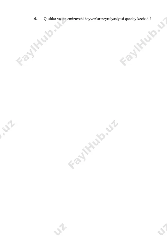rganlar rivojlanadi. takrorlash uchun savollar 1. neytrulyasiya deb nimaga aytiladi? 2. lansetnikada neyrulyasiya jarayoni qanday kechadi? 3. amfibiyalarda neyrulyasiya jarayoni qanday kechadi? 4. qushlar va sut emizuvchi hayvonlar neyrulyasiyasi qanday kechadi?