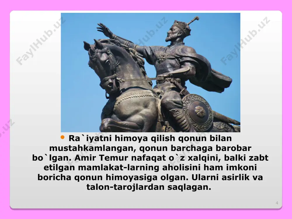 shoh deb e`lon qilmadilar. hukumat ishlarini jamoa bo’lib ado etganlar. * amir temur 1371-1395 yillar davomida ularga qarshi kurash olib borishga majbur bo’lgandi. bu endigina tuzilgan davlatning birligi va xavfsizligini mustahkamlashga qaratilgan edi. yuqoridagi jarayonlarda sohibqiron amir temurning vatanparvar. dono siyosatdonligi namoyon bo’ladi. ibn xoldun ta`biri bilan aytganda, amir temur o’z tarixiy vazifasini bajargan. * amir temurning tarix sahnasiga chiqishi. amir temur 1336 yil 9 aprelda qashqadaryo vohasining shahrisabz (kesh) bekligiga qarashli xoja ilg’or qishlog’ida, barlos urug’ining boshlig’i bo’lgan tarag’ay xonadonida tavallud topgan. amir temur «sohibqiron» nomi bilan mashhur edi. ikki sayyora-zuhal bilan mushtariyning yaqinlashuvi natijasida dunyoga kelgan o’g’ilgina shunday nomni olishga muyassar bo’lgan. bu ikki yulduzning yaqinlashuvi har sakkiz yuz yilda takrorlanadi. bunday kunda tug’ilgan baxtli zotlar dunyoda uchta bo’lgan: iskandar zulqarnayn, muhammad alayhis-s-salom va amir temurdir. * temurning shaxsiy qiyofasi, kuch-qudrati to’g’risida ibn arabshohninig quyidagi iboralari g’oyatda asoslidir. «amir temur jismu-jasadi kelishgan, qaddi-qomati tik, uzun bo’yli, go’yo qadimgi …