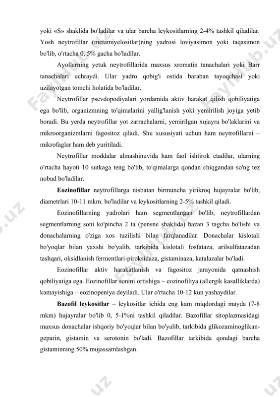 arin, gistamin va serotonin bo'ladi. bazofillar tarkibida qondagi barcha gistaminning 50% mujassamlashgan. bazofillar biriktiruvchi to'qimaning semiz hujayralariga juda ham yaqin turadi. ularning hayot sikli, eozinodillarnikiga o'xshab 10-12 sutkani tashkil qiladi. agranulasitlar yoki donasiz leykositlar – sitoplazmasida maxsus donachalar bo'lmaydigan hujayralardir. tuzilishi va vazifasiga qarab, agranulasitlar limfosit va monositlarga bo'linadi. limfositlar kattalarda o'rtacha leykositlarning umumiy sonini 25-35% tashkil etib, ularning organizmdagi umumiy og'irligi 1, 5 kg.ga yetadi. limfositlar diametriga qarab yirik (10-15 m), o'rta (7-9 mkm) va mayda (4, 5-6 mkm) bo'ladilar. limfositlarning yadrosi nisbatan yirik, yumaloq shaklda bo'ladilar. ularning sitoplazmasi ingichka xoshiya sifatida yadro yatrofida joylashadi. bu yerda erkin ribosamalar va oz miqdorda mitoxioriyalar bo'lib, endoplazmatik to'r, goldjini kompleksi sust rivojlangan. immunologik va funksional nuqtai nazardan limfositlarning 2 turi: t va v limfositlar farqlanadi. limfositlarning sonini ortishiga limfositoz, kamayishiga – limfopeniya deyiladi. monositlar – periferik qonning eng yirik hujayralari hisoblanib, razmerlari qonda 10-12 mkm (surtmada 20 mkm) gacha bo'ladilar. monositlar …