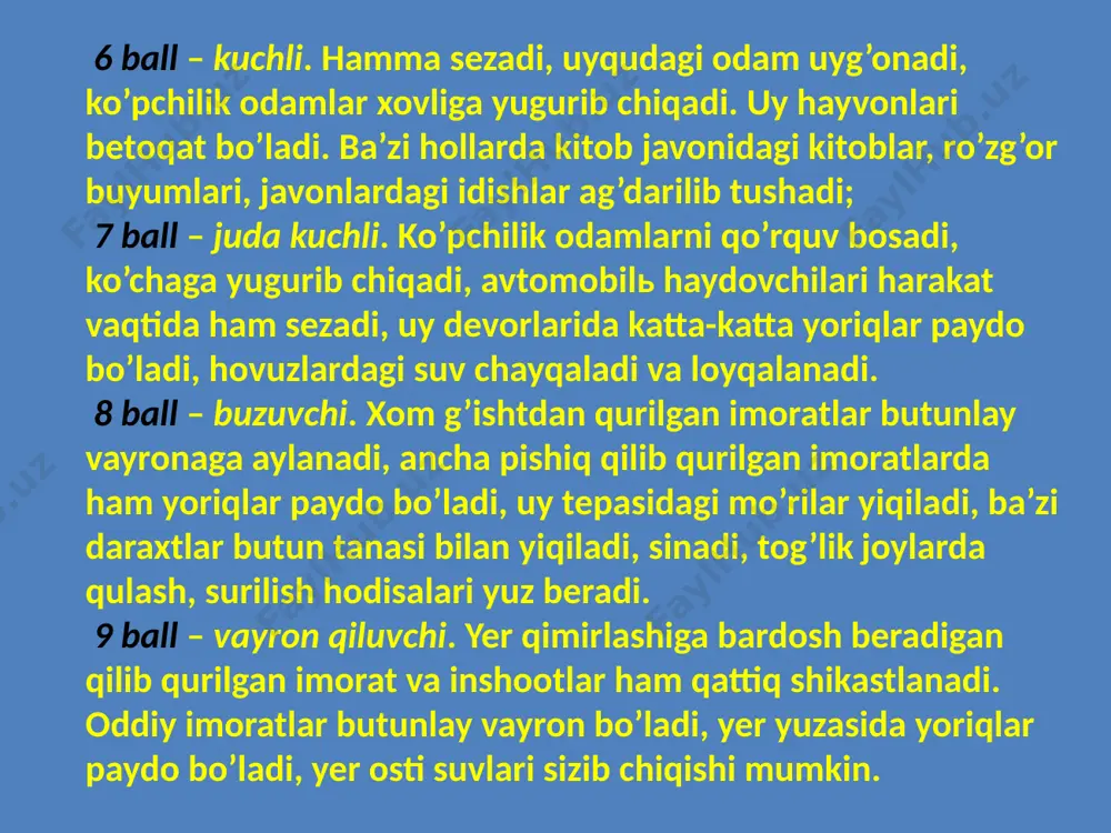 a yaqin, kuchi epitsentrda 9 ball atrofida, shaharchada– 8 ball, buxoroda 6 ball; ikkinchisining magnitudasi taxminan 7,3, manba chuqurligi 25 km, kuchi epitsentrda 9 balldan yuqo-ri, gazlida 9 ballga yaqin. buxoroda 6-7 ball, ko-gon va shofrikonda 7 ball, samarqandda 5 - 6 ball bo‘lgan. 1. mamlakatimizda sodir bo’lgan kuchli zilzilalar oqibatlari. gazli shaharchasi va unga yaqin aholi yashaydigan punktlar ilgari 5 - 6 balli hududga kirar edi. (gazli, buxoro, zarafshon - 5 ball, kogon va navoiy - 6 ball); shu boisdan bunyod etilgan binolar hech qanday antiseysmik choralarsiz qurilavergan. seysmik kuchlar ta’siri hisobga olinmay qurilgan binolarning 8-9 balli zilzila kuchiga bardosh bera olmasligi mutlaqo tabiiydir. ana shuning uchun ham ikki zilziladan keyin gazlida foydalanishga yaroqli birorta ham bino qolmadi (ikki qavatli panelli uylar bundan mustasno). 8 aprelda chala buzilgan binolar 17 mayda batamom qulab tushdi. 1. mamlakatimizda sodir bo’lgan kuchli zilzilalar oqibatlari. . i 1. mamlakatimizda sodir bo’lgan kuchli zilzilalar …