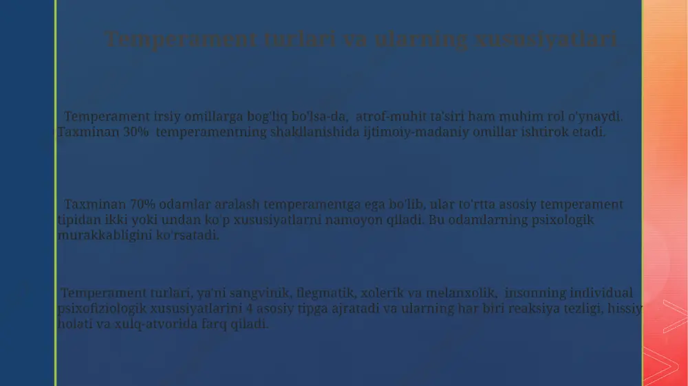 emperament tushunchasi temperament insonning individual xususiyatlarini aniqlaydi, ammo harakatlarini to'liq belgilovchi omil emas. u tarbiya va ijtimoiy muhit ta'siriga uchraydi va shaxsning rivojlanishiga ta'sir qiladi. temperament tugʻma xususiyatlar boʻlib, insonning asosiy reaktsiyalarini – masalan, faollik darajasi (4 ta asosiy temperament turi mavjud), hissiy holatini va muloqot uslubini 2 yoshga to'lganida aniqlash mumkin. temperamentni 4 asosiy tipga – sangvinik, flegmatik, xolerik va melanxolikka boʻlish mumkin, har biri oʻziga xos kuchli va kuchsiz tomonlarga ega. bu turlar nerv sistemasining xususiyatlariga bogʻliqdir. xarakterning shakllanishiga ta'sir etuvchi omillar xarakter shakllanishida irsiyatning ta’siri 40-60% ni tashkil etadi, qolgan qismi atrof-muhit omillari, tarbiya va ijtimoiy ta’sirlarga bog‘liq. bolalik davrida olingan 5-7 yoshgacha bo'lgan tajribalar, ya’ni birikmalar va munosabatlar xarakterning mustahkam asosini qo'yadi. o'smirlik davri (12-18 yosh) shaxsiyatning o'z-o'zini anglashi va ijtimoiy rollarni o'zlashtirishi bilan bog'liq bo'lib, xarakterning rivojlanishida muhim burilish nuqtasidir. xarakter xususiyatlari shaxsiy xususiyatlarning big five modeli (ochiqlik, vijdonlilik, ekstraversiya, yoqimli bo‘lish va neyrotizm) xarakterni …